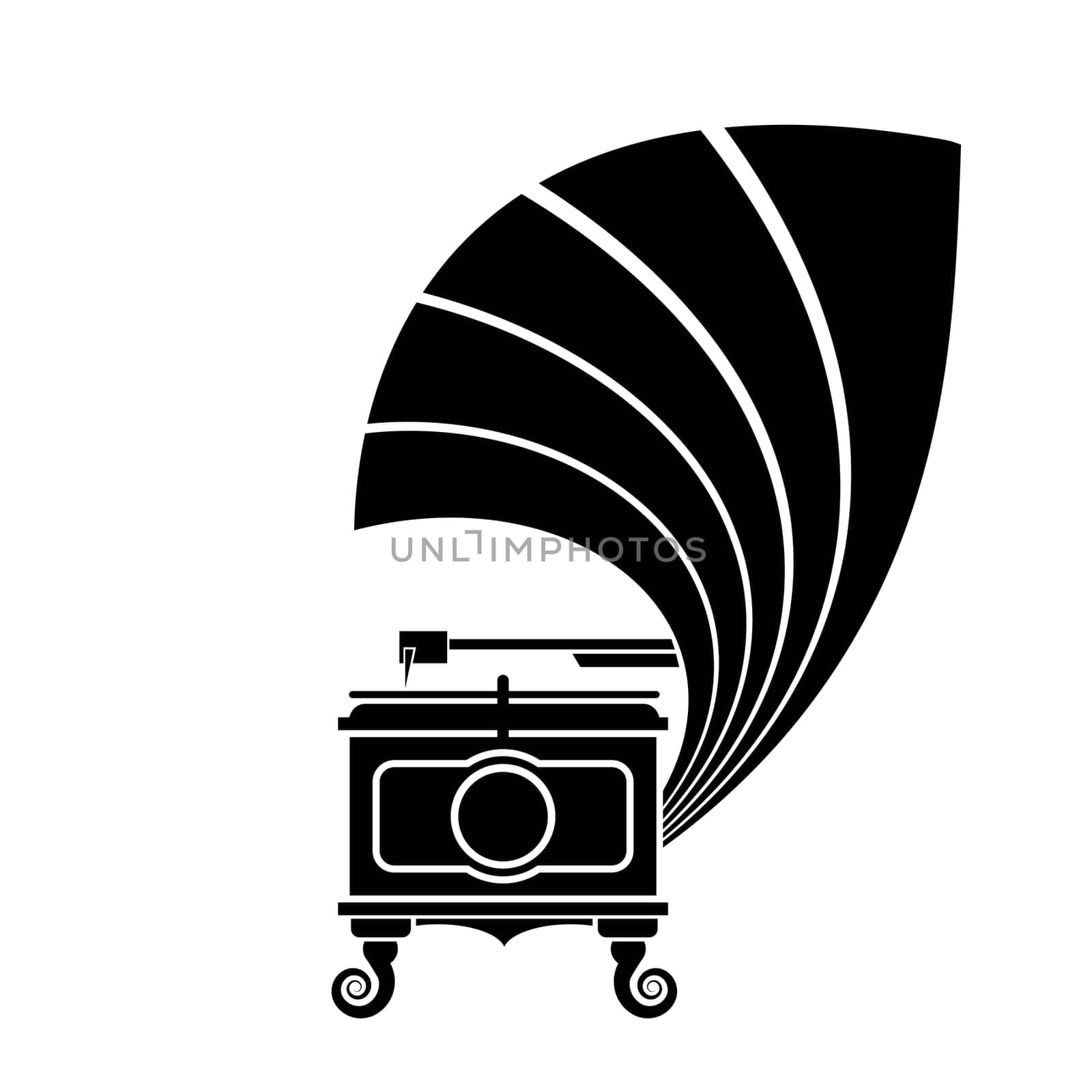 A gramophone icon is an old type of record player. Classical musical box. Antique phonograph on white background.