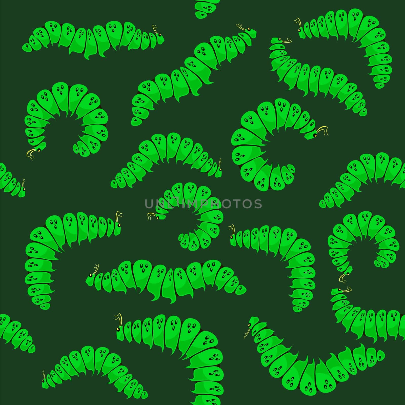 Seamless Pattern. Green Cartoon Caterpillars Isolated on White Background. Cute Summer Insects. Small Maggot Move. Butterfly Life Cycle.