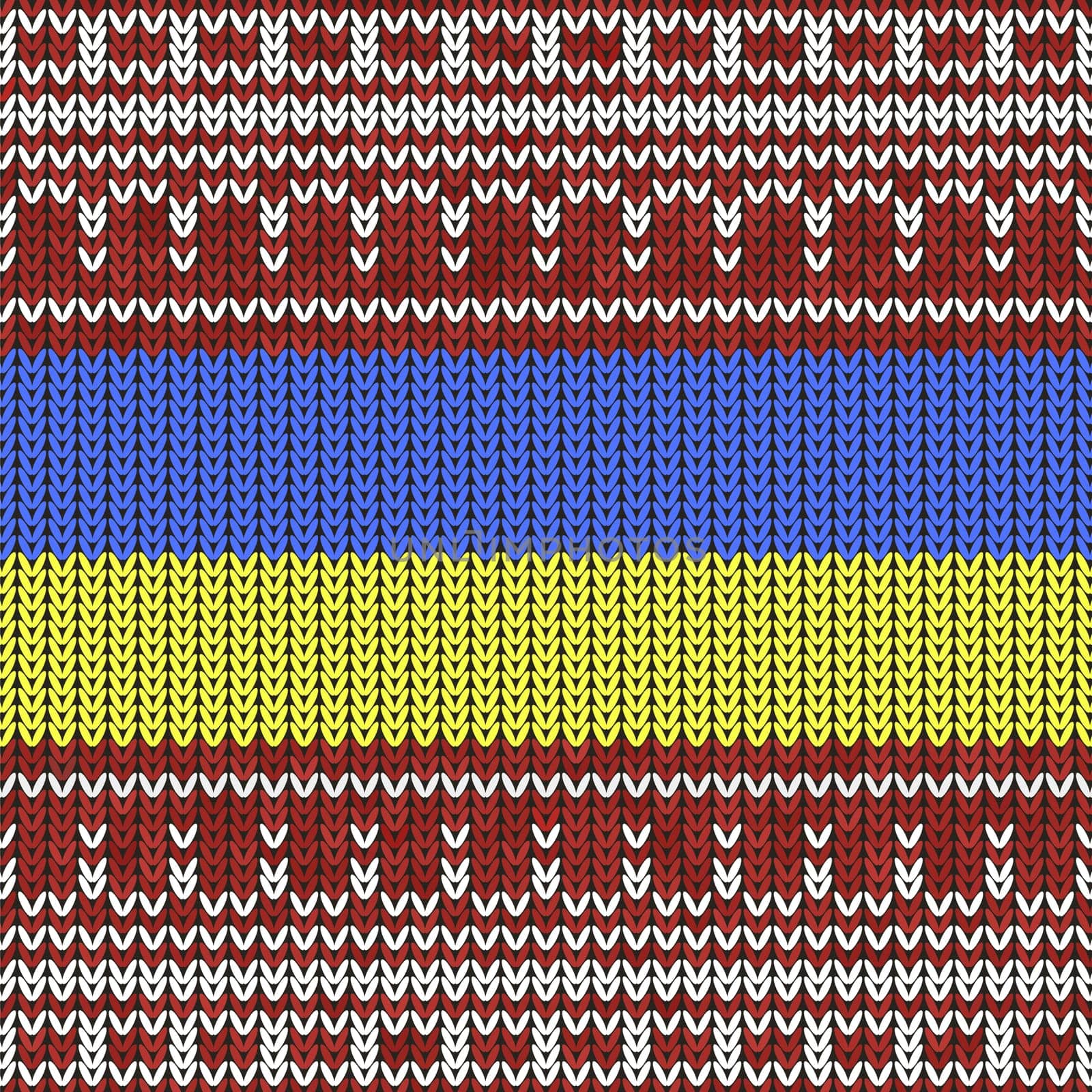 Ukraine Colored Flag Sign on Dark Background. Ukrainian Peace Symbol. Blue Yellow Red Knitted Texture. Stylish Knit. Woolen Print. Fabric Pattern.