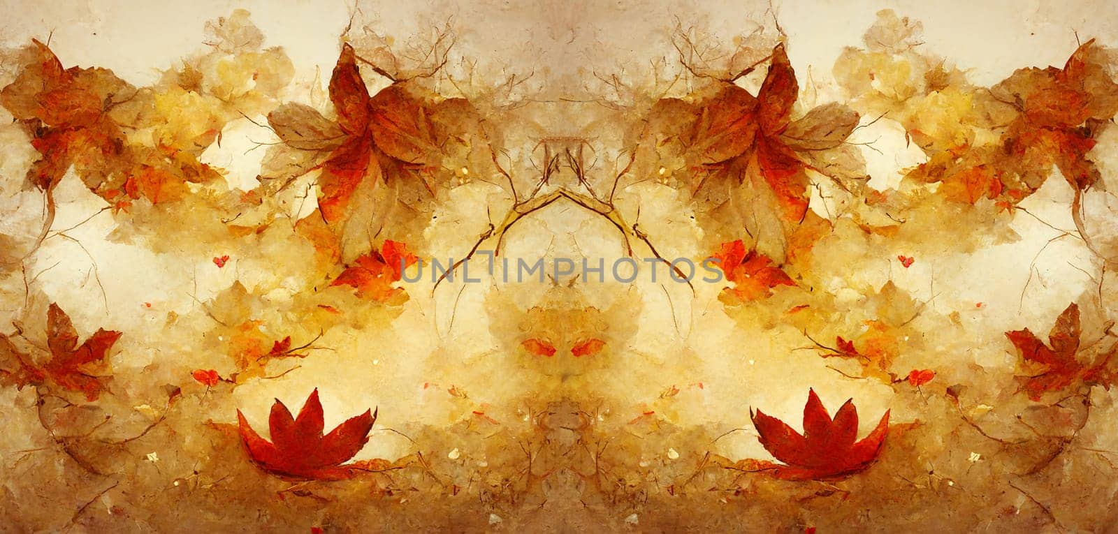 Illustration of autumn leaves background, fall season foliage with golden, brown and red colors