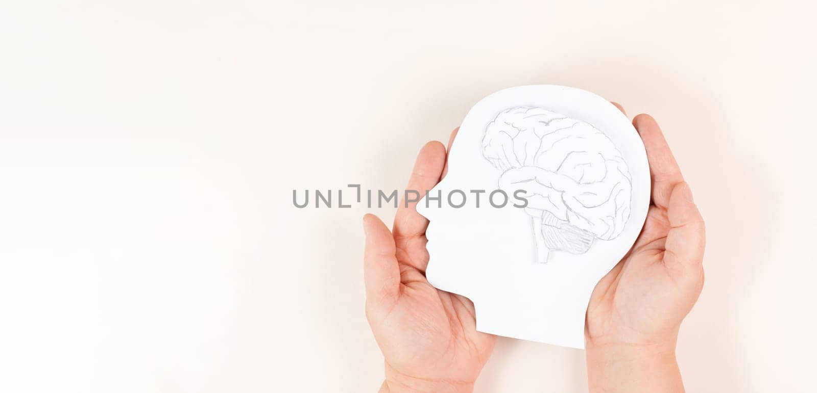 Holding a head with a brain in the hands, Parkinson disease, Alzheimer awardness, mental disorder dementia, psychology problems, cerebral vein thrombosis