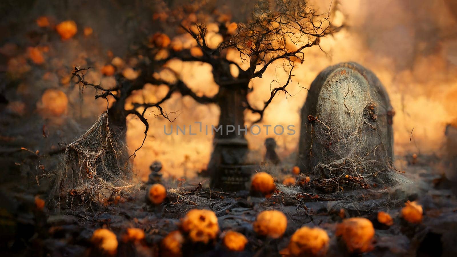 Halloween greeting card with pumkins and mysterious trees, dark and scary night in autumn, illustration