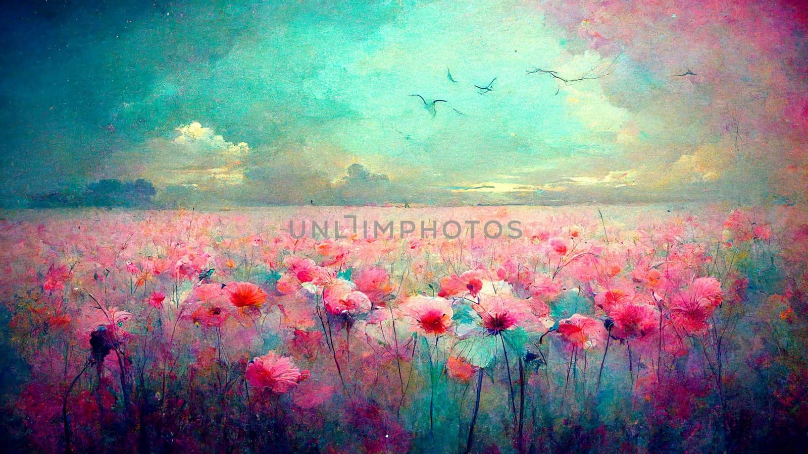 Idyllic meadow with red poppy flowers in the countryside, colorful sky with birds, spring and summer season, Illustration of a blooming landscape