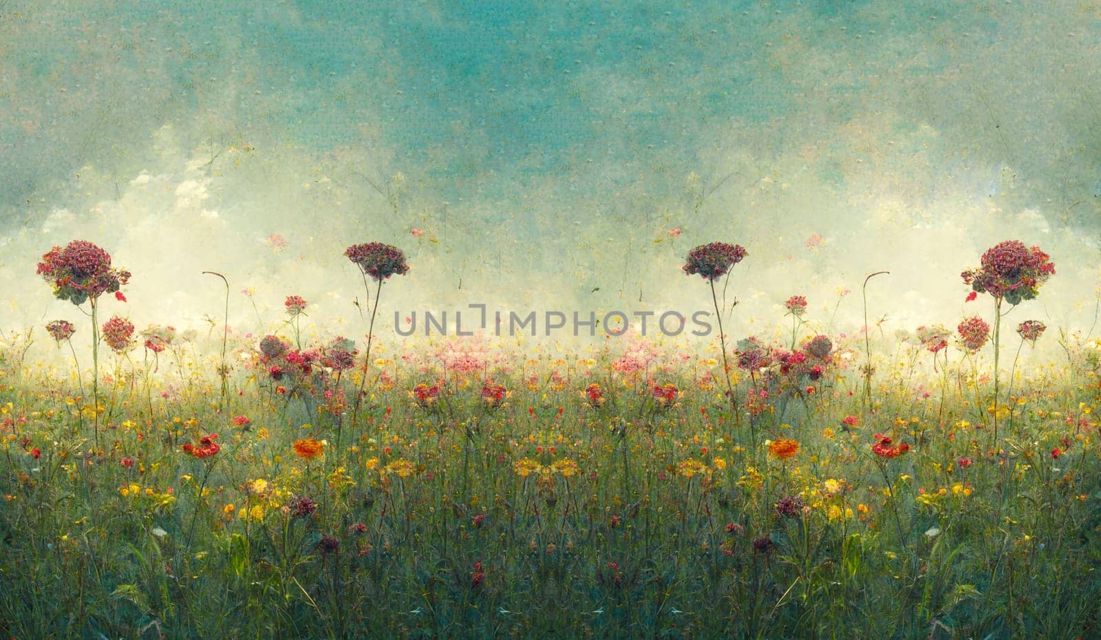 Idyllic meadow with wild flowers in the countryside, colorful sky, spring and summer season, Illustration of a blooming landscape