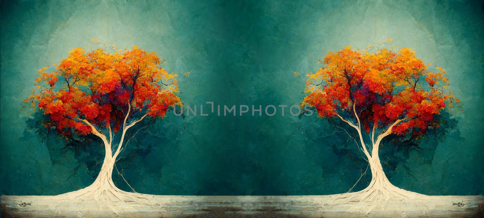 Trees with autumn colored foliage in the fall season, dark cloudy sky, illustration