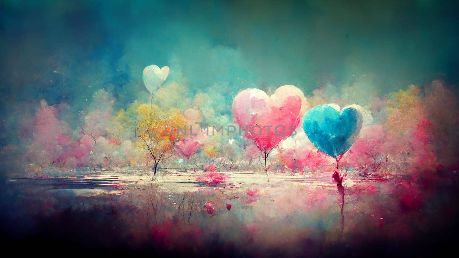 Illustration of a sky with colorful heart ballons flying over the sea, valentines greeting card, positive emotion and symbol of love