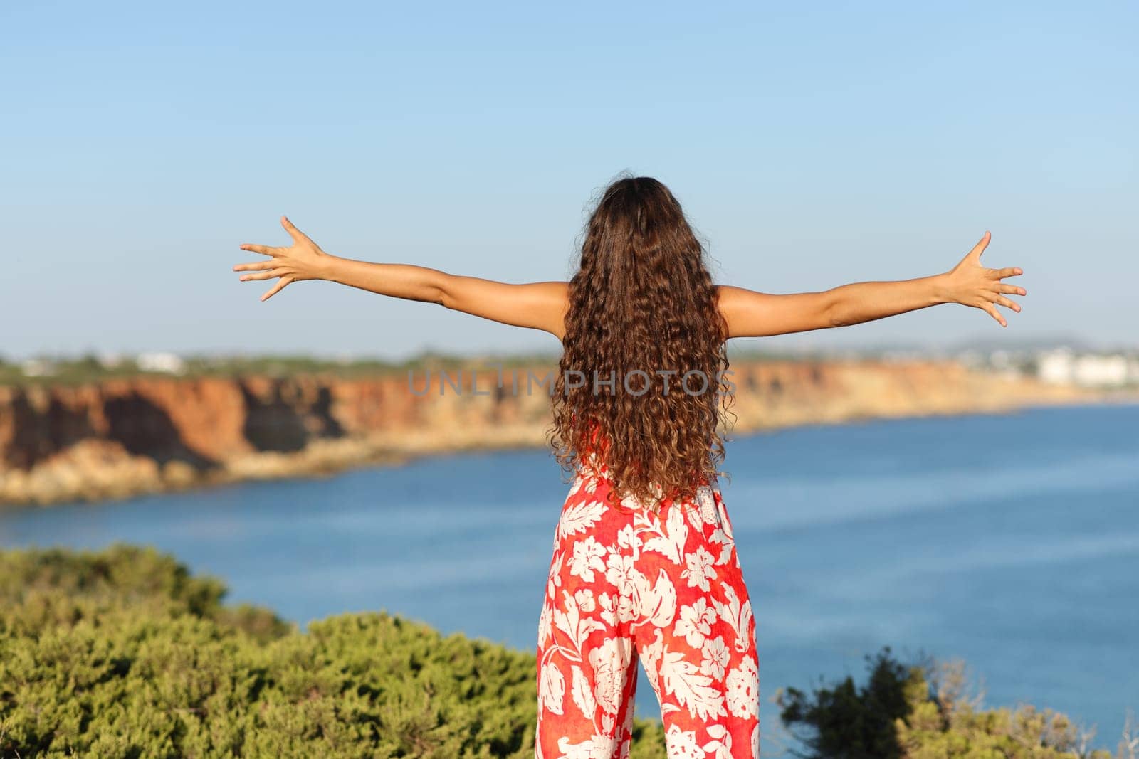Back view portrait of a woman in red outstretching arms on the beach cliff