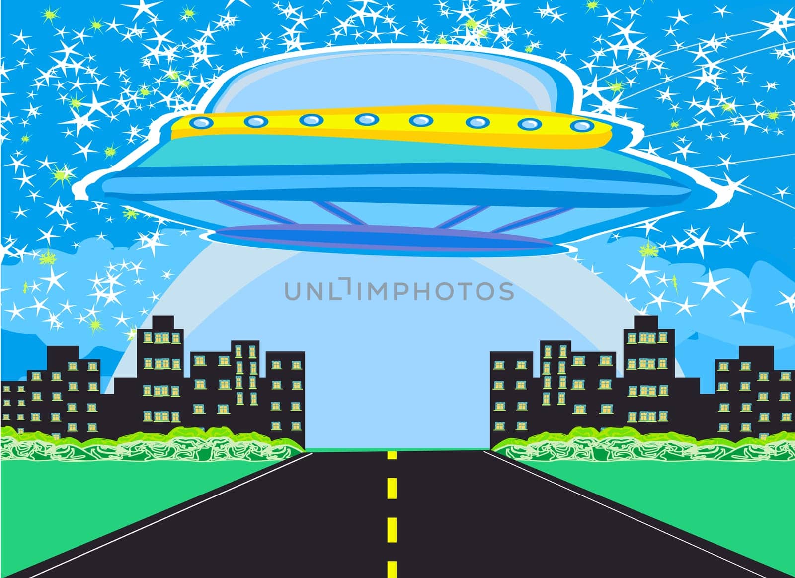UFO spaceship and big night city