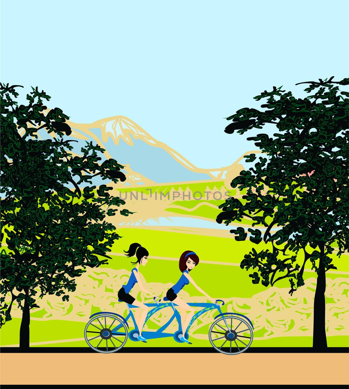 girls riding tandem bicycle