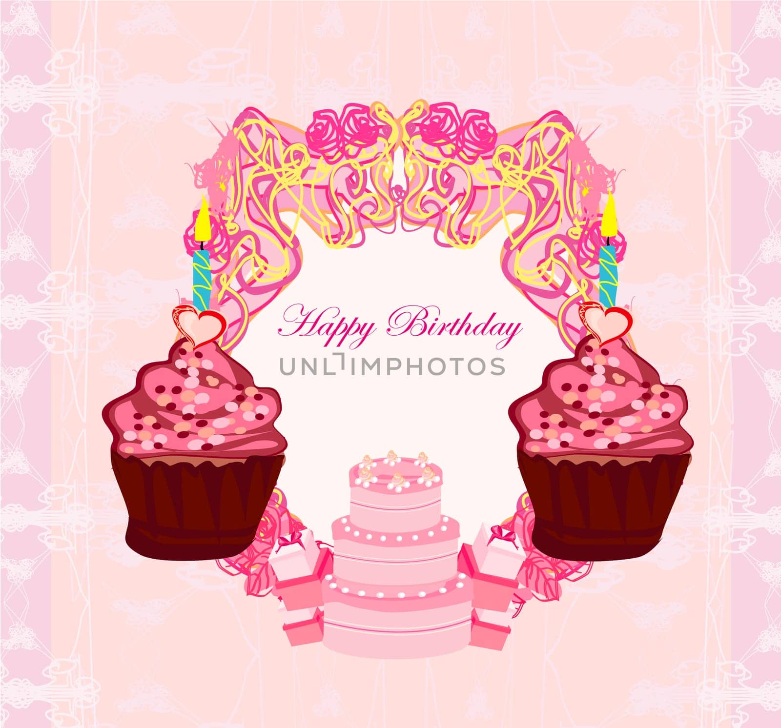 illustration of cute retro cupcakes card - Happy Birthday Card