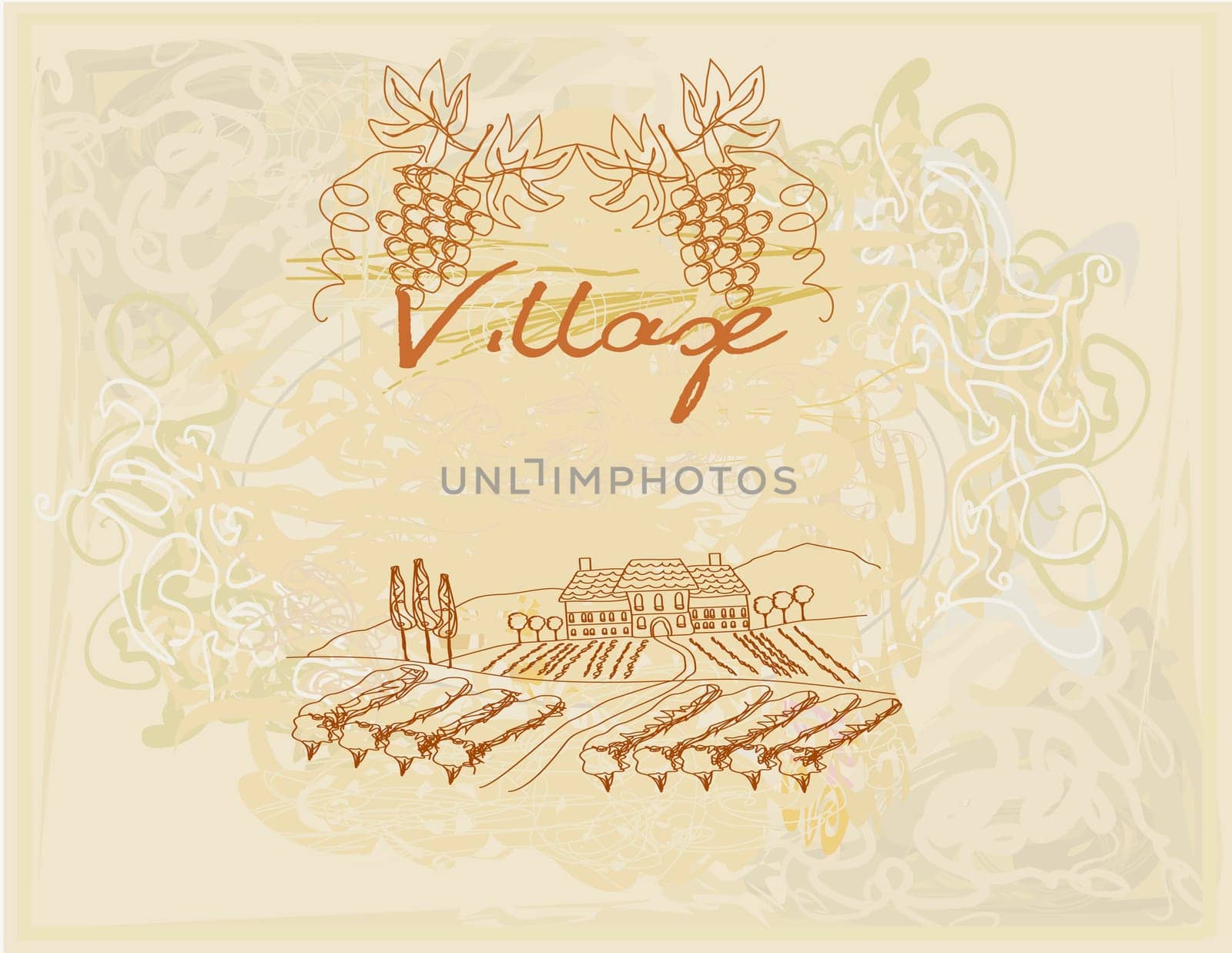 wine label - hand drawn vineyard