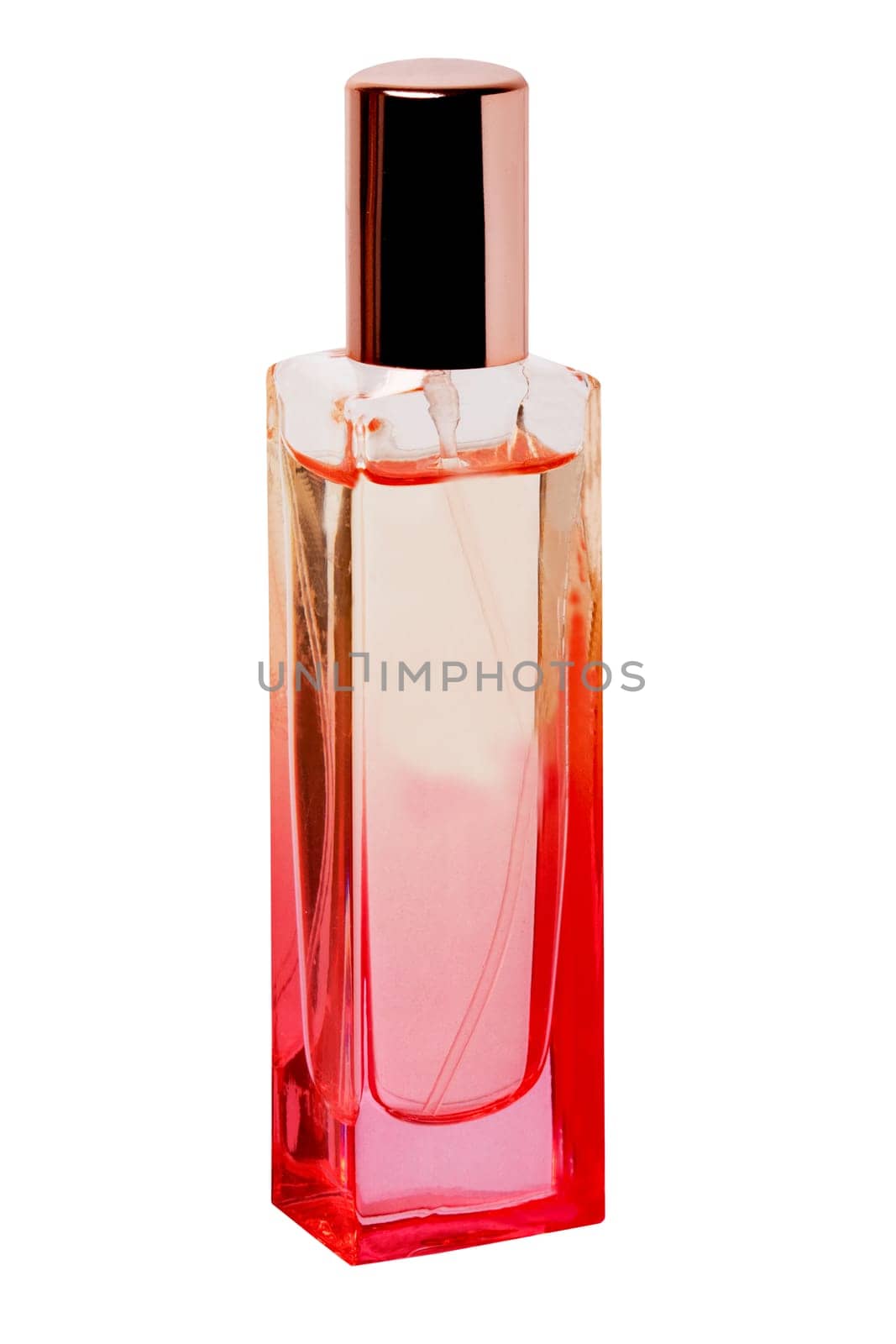 Luxurious and elegant female perfume in a beautiful glass bottle with golden lid isolated on a white background. Copy space. Clipping path. Macro photograph. Cosmetic labels.