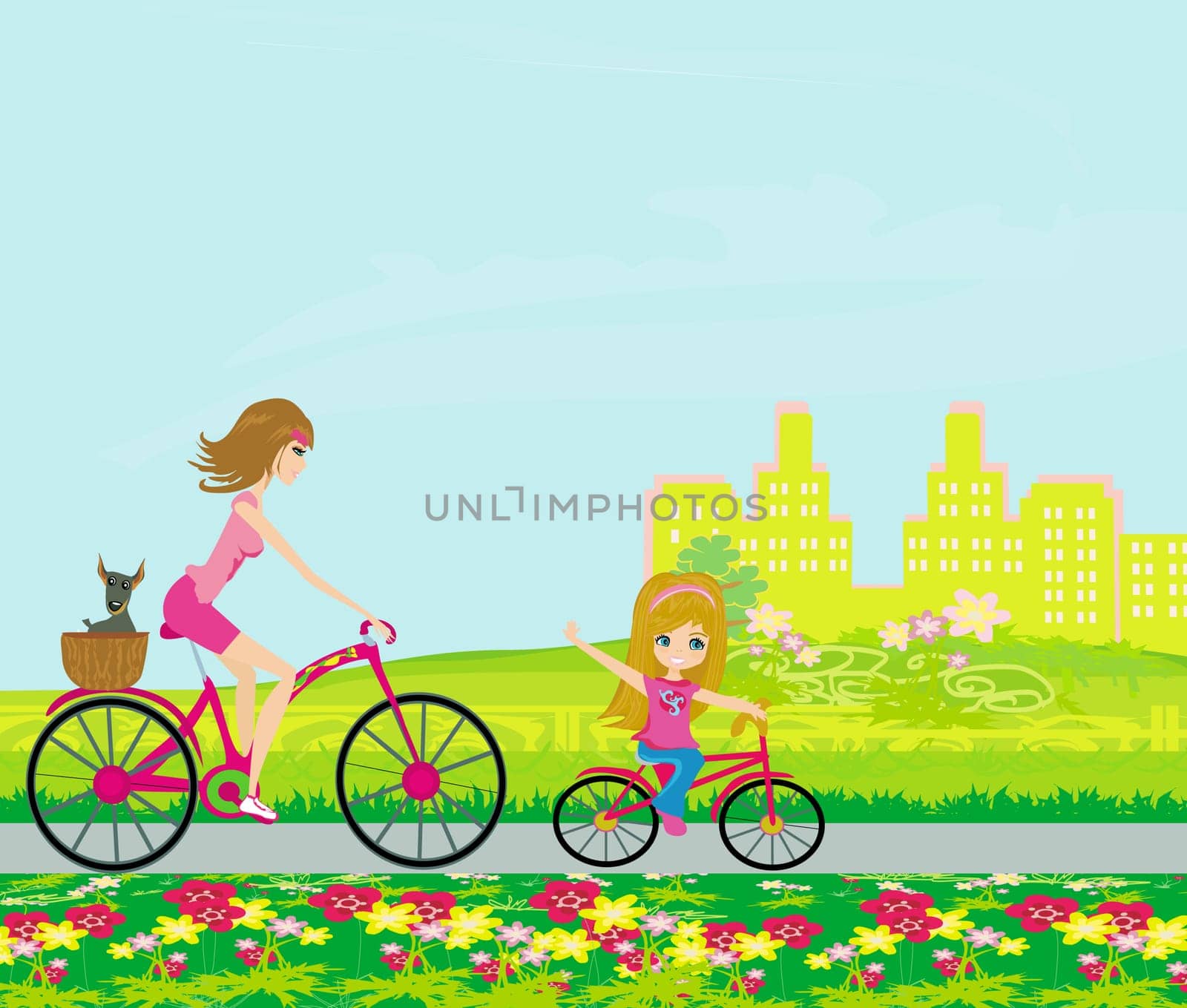 Mother and daughter biking