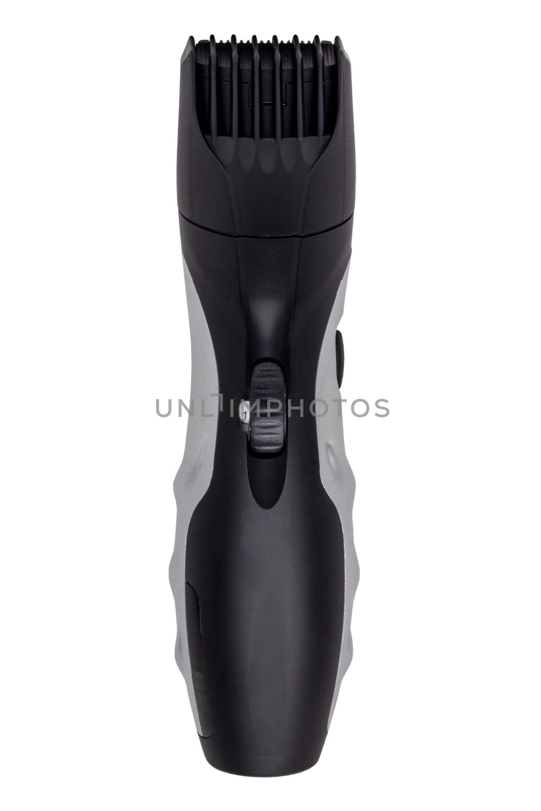 Close-up of a new black silver rechargeable beard and hair clipper isolated on a white background. Clipping path. Cordless hair and beard trimmer. Macro.