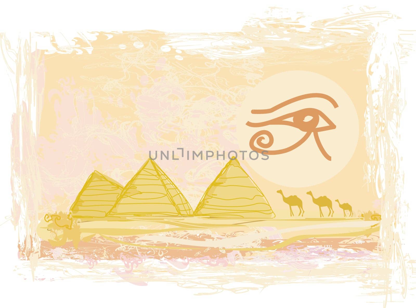 Egypt symbols and Pyramids - Traditional Horus Eye symbol and camel silhouette in front