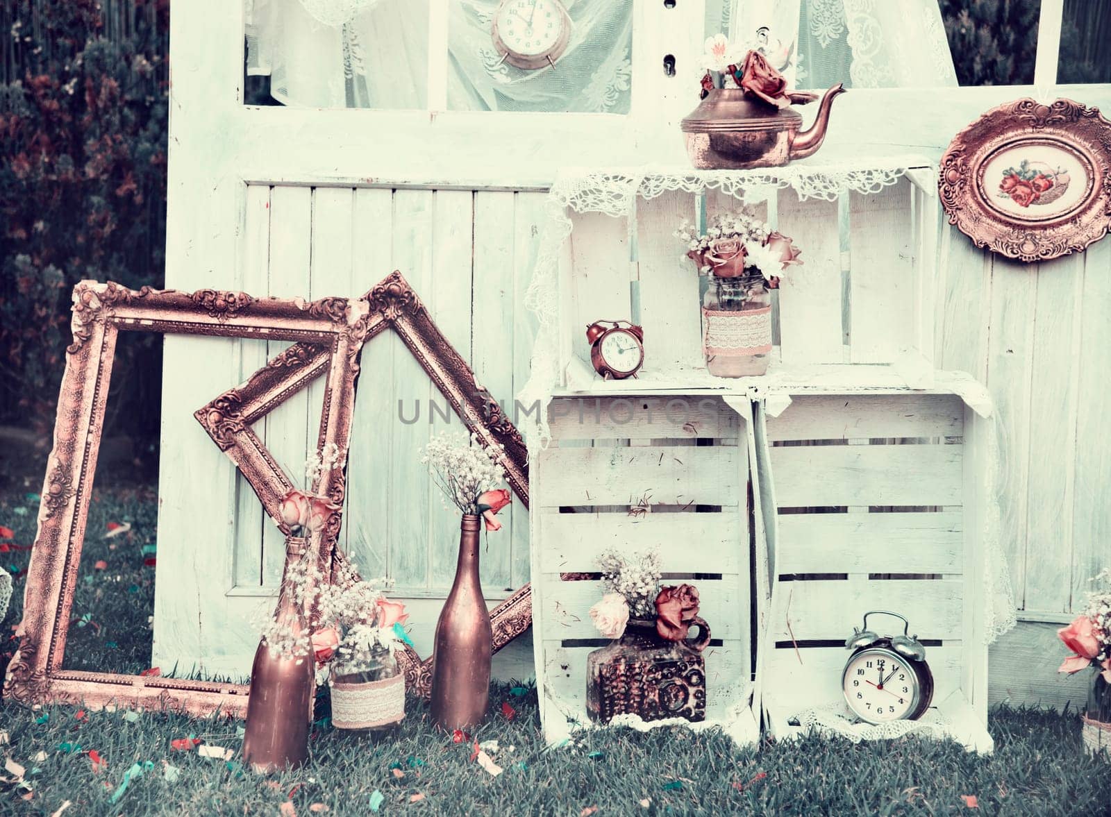Vintage still life decoration for wedding reception. Marriage and love concept in retro style. Bridal arrangement.
