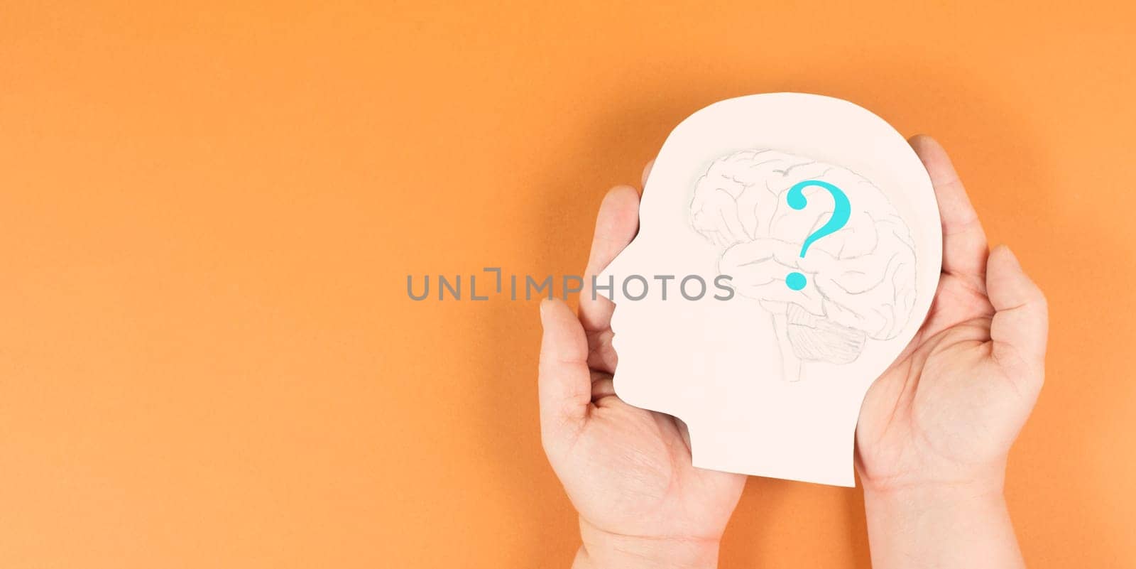 Head with a brain and question mark, education and business concept, searching for answers, thoughts for solving a problem, man has doubts