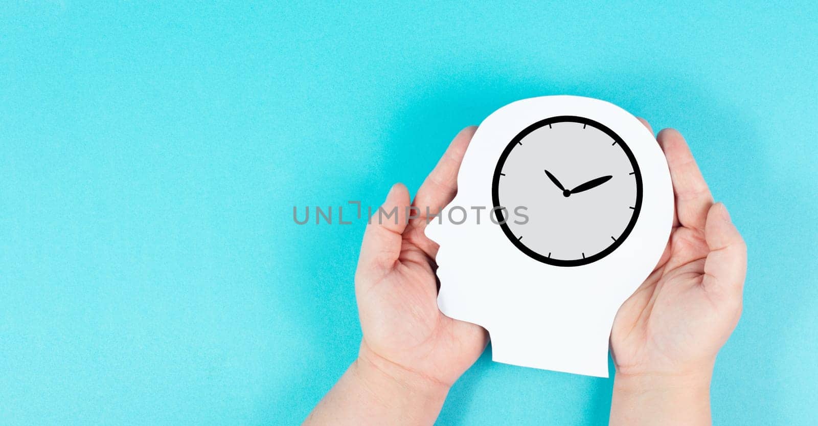 Silhouette of a head with a clock, time pressure and management in business, having a deadline or appointment, efficiency planning