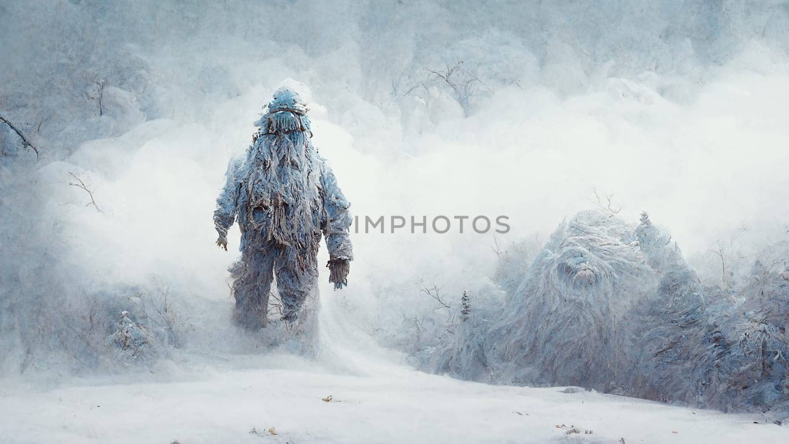 Yeti in the snow covered Himalaya mountains, mysterious furry creature walking in the frozen nature, Illustration