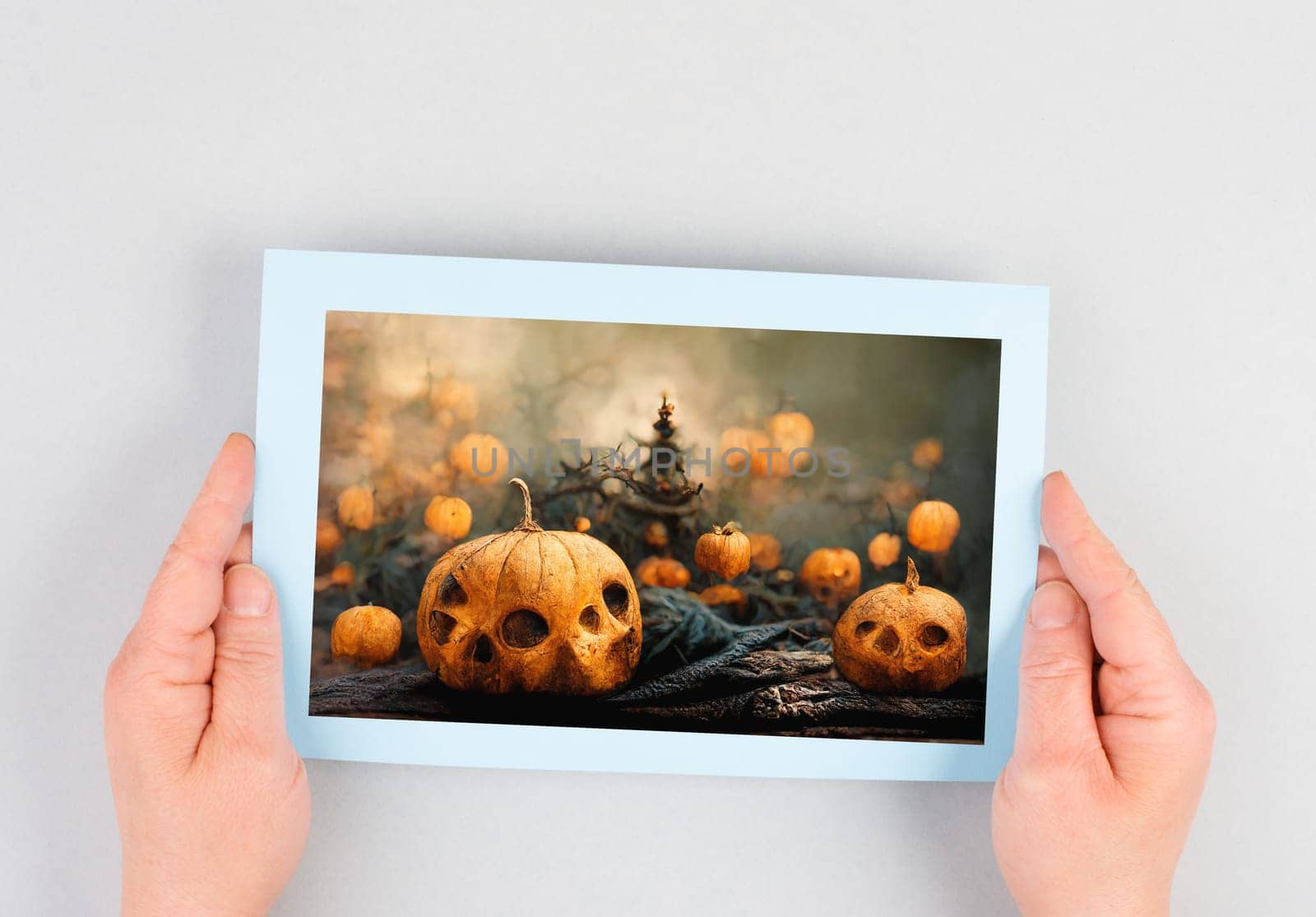 Halloween greeting card with pumkins and mysterious trees, dark and scary night in autumn, illustration