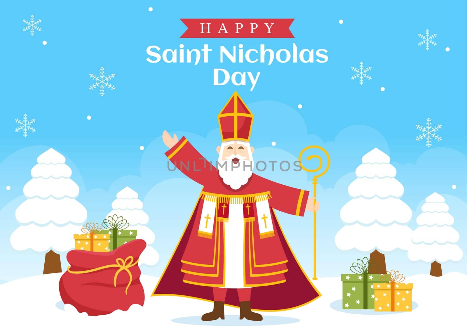 Saint Nicholas Day or Sinterklaas Celebration Template Hand Drawn Cartoon Flat Illustration with Gift Box and Winter Background Design