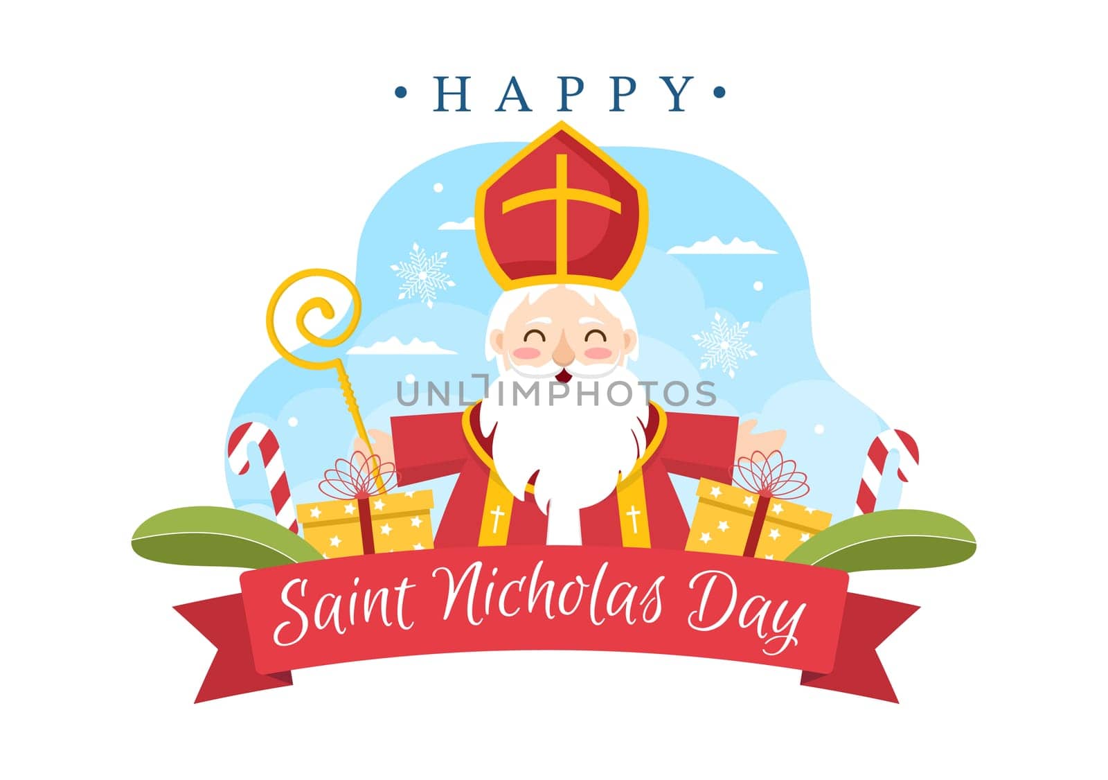 Saint Nicholas Day or Sinterklaas Celebration Template Hand Drawn Cartoon Flat Illustration with Gift Box and Winter Background Design