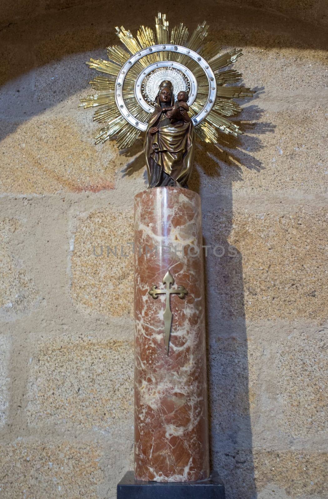Caceres, Spain - Oct 26th, 2021: Our Lady of Pillar figurine. Church of San Juan, Caceres, Extremadura, Spain