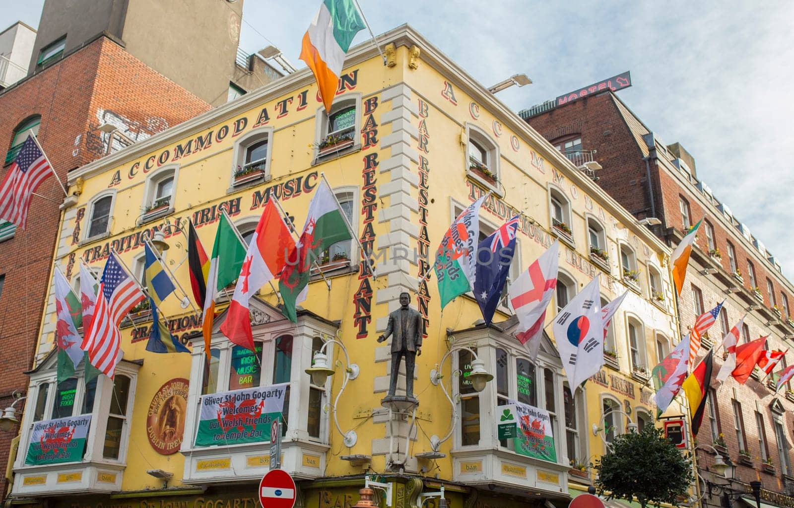 Dublin, Ireland - Feb 8th, 2020: Temple Bar and Bedford row street scene. Dublin, Republic of Ireland