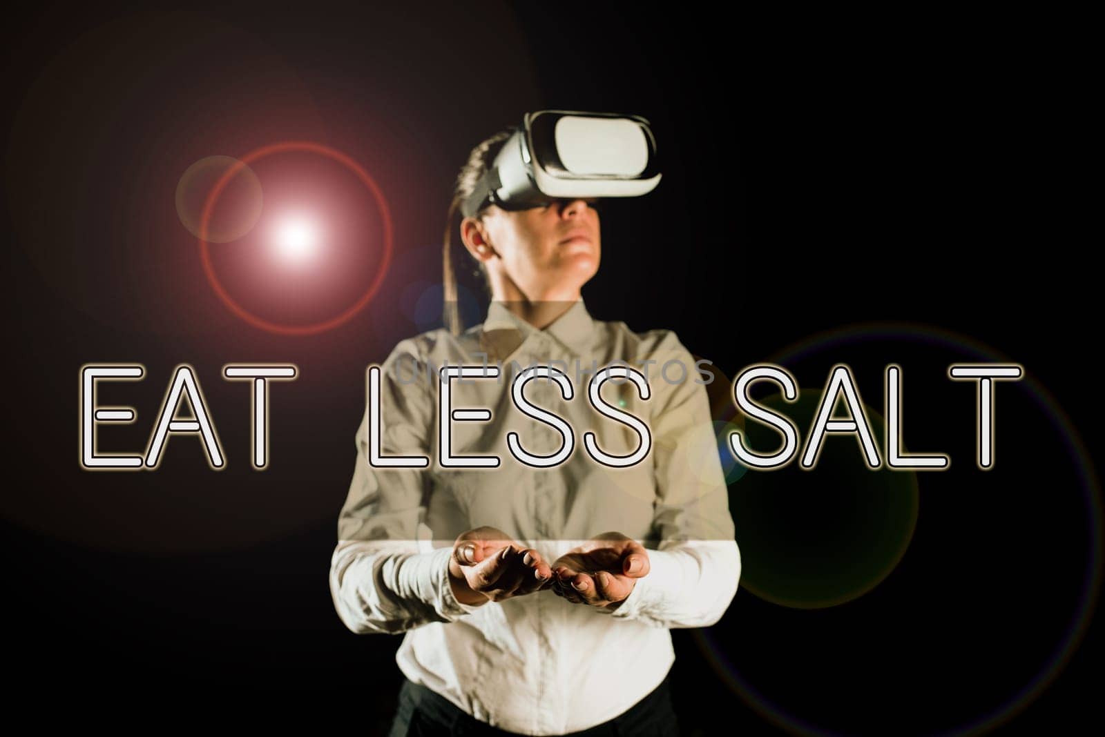 Text showing inspiration Eat Less Salt, Concept meaning Reduce the amount of sodium in your diet eating healthy Businesswoman With Tablet Presenting S And Hexagon With Strategies.