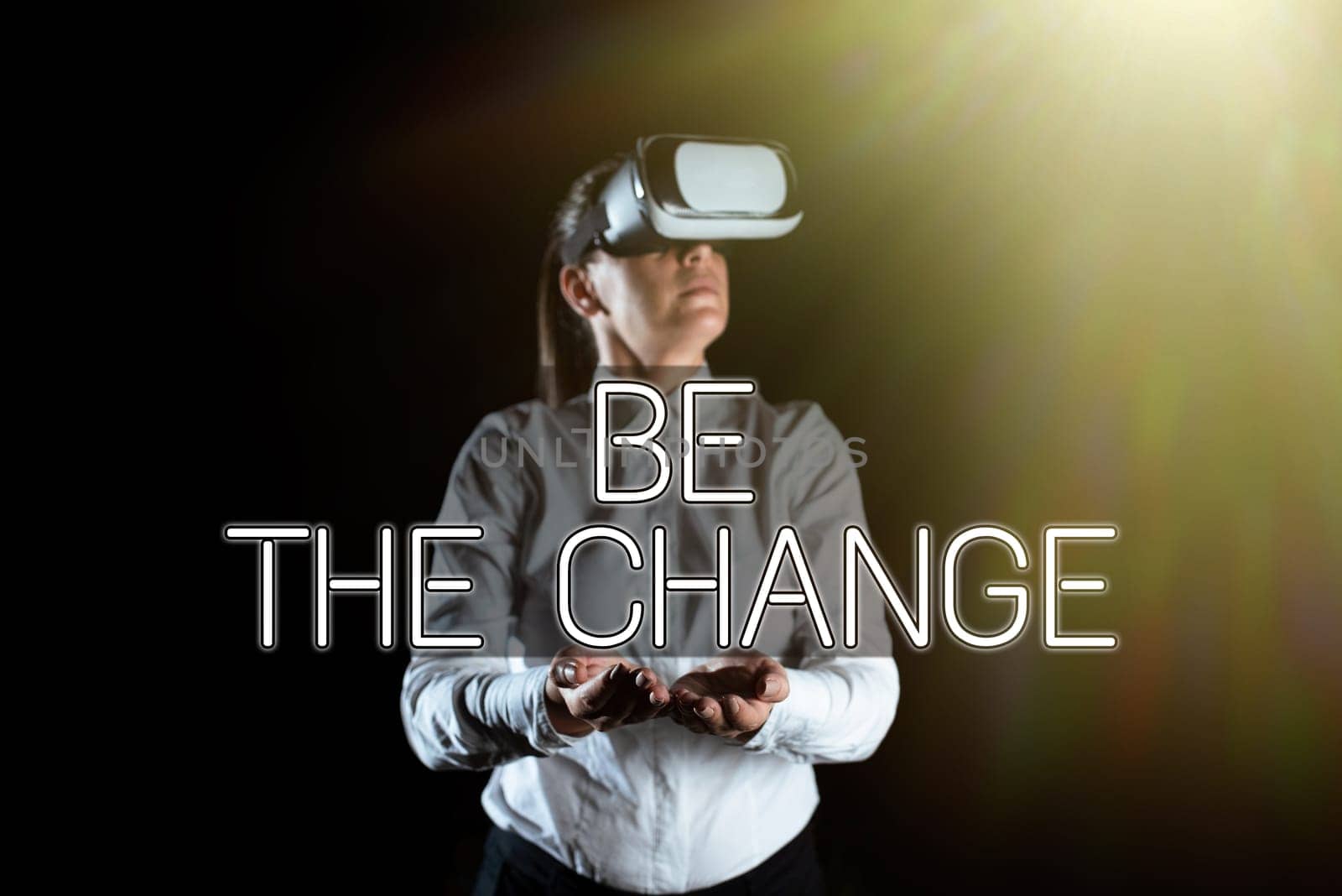 Hand writing sign Be The Change, Conceptual photo Make things to obtain success develop yourself and company Businesswoman Holding Tablet And Presenting New Ideas For Business Growth.
