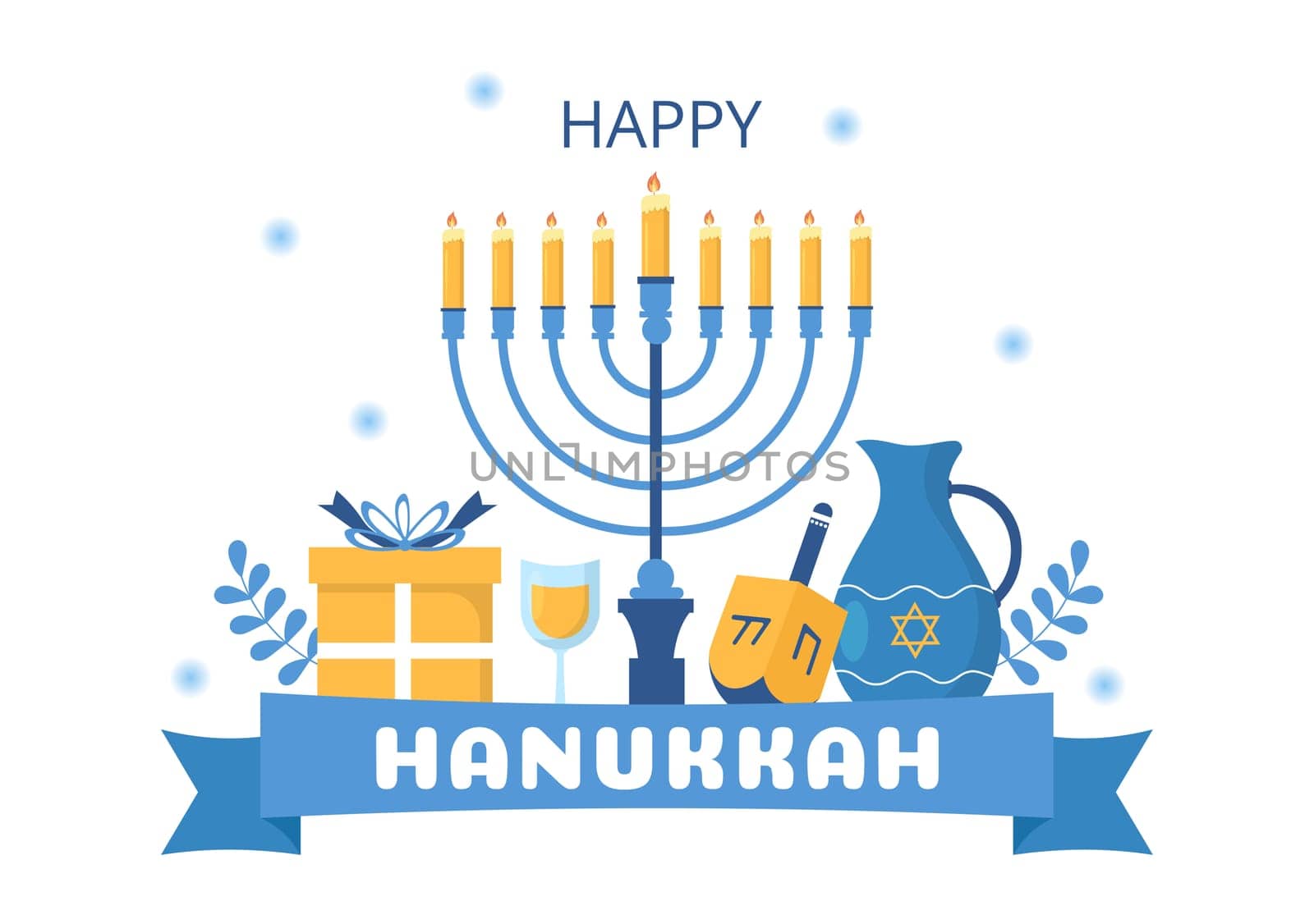 Happy Hanukkah Jewish holiday Template Hand Drawn Cartoon Flat Illustration with Menorah, Sufganiyot, Dreidel and Traditional Symbols