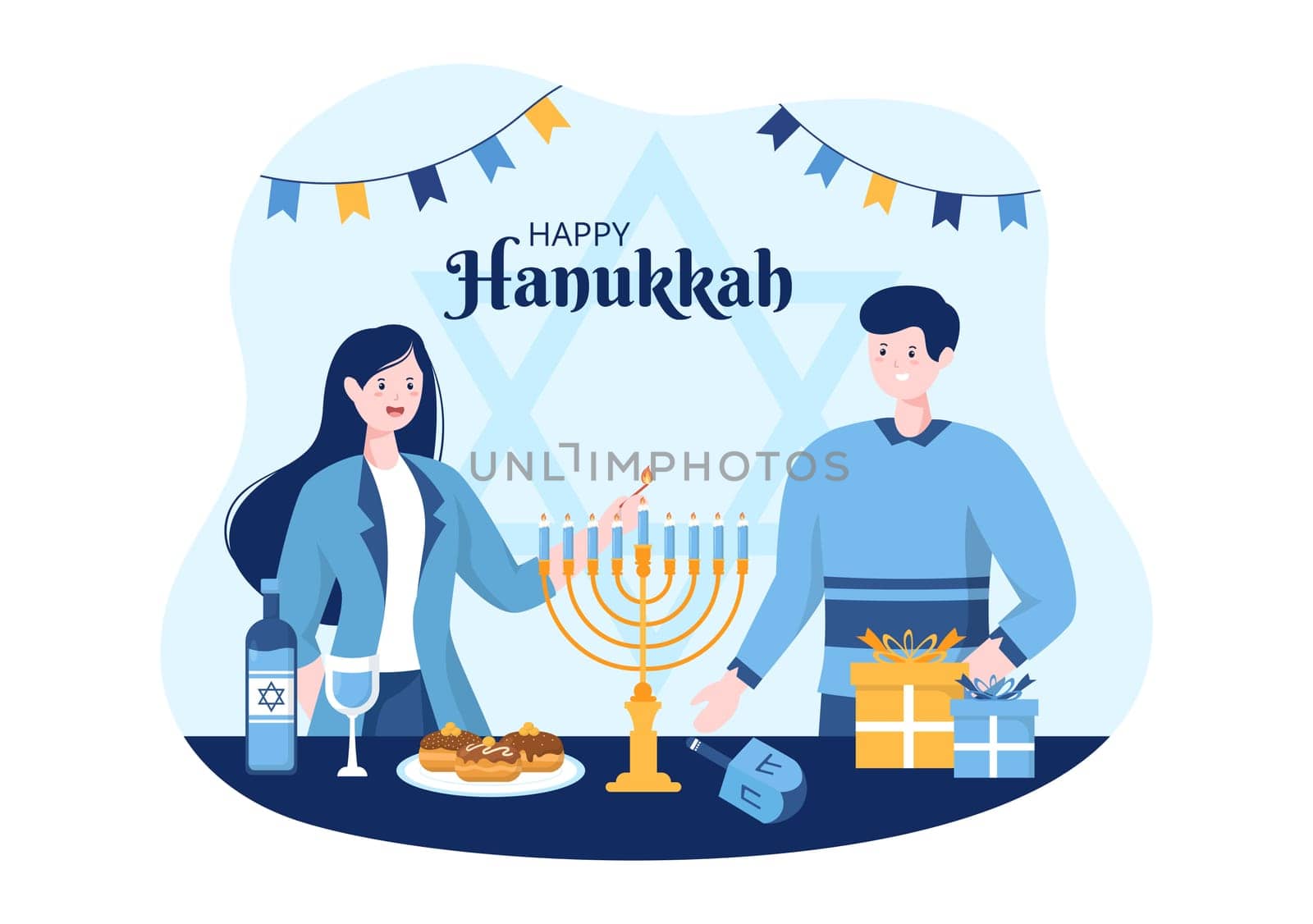 Happy Hanukkah Jewish holiday Template Hand Drawn Cartoon Flat Illustration with Menorah, Sufganiyot, Dreidel and Traditional Symbols