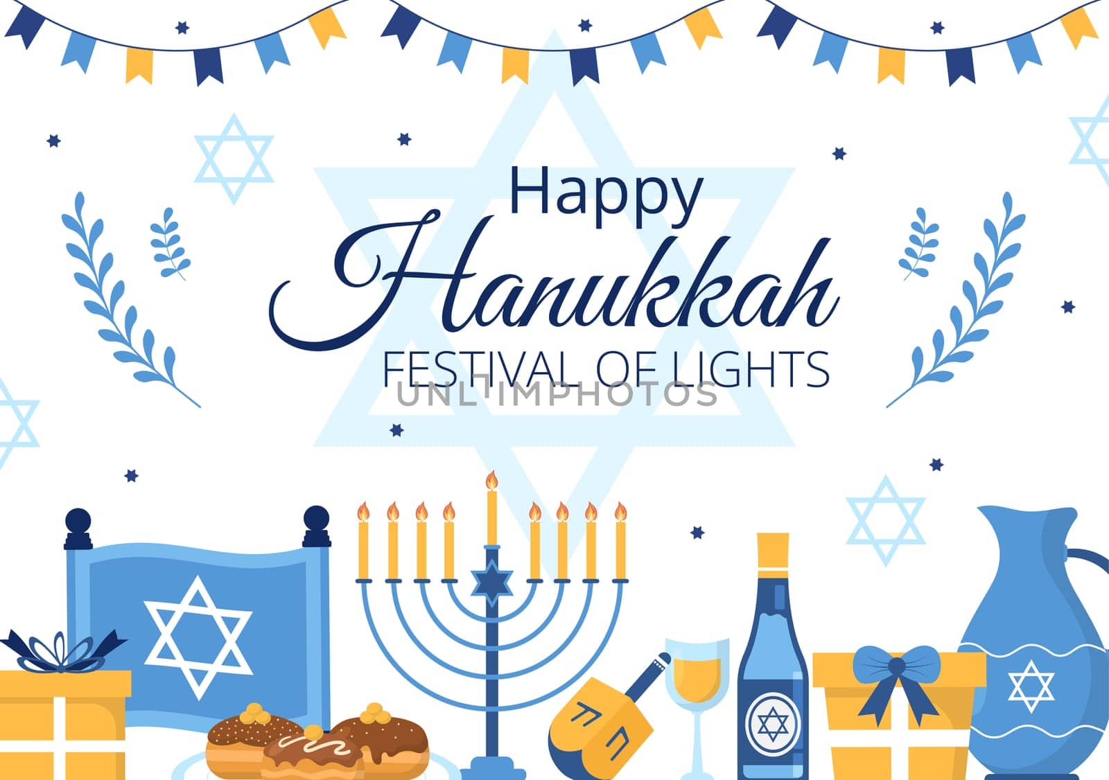 Happy Hanukkah Jewish holiday Template Hand Drawn Cartoon Flat Illustration with Menorah, Sufganiyot, Dreidel and Traditional Symbols