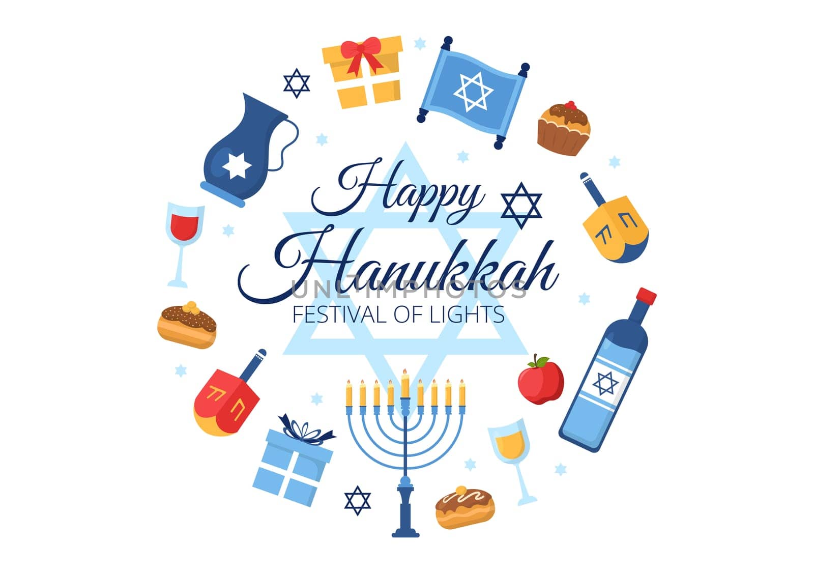 Happy Hanukkah Jewish holiday Template Hand Drawn Cartoon Flat Illustration with Menorah, Sufganiyot, Dreidel and Traditional Symbols