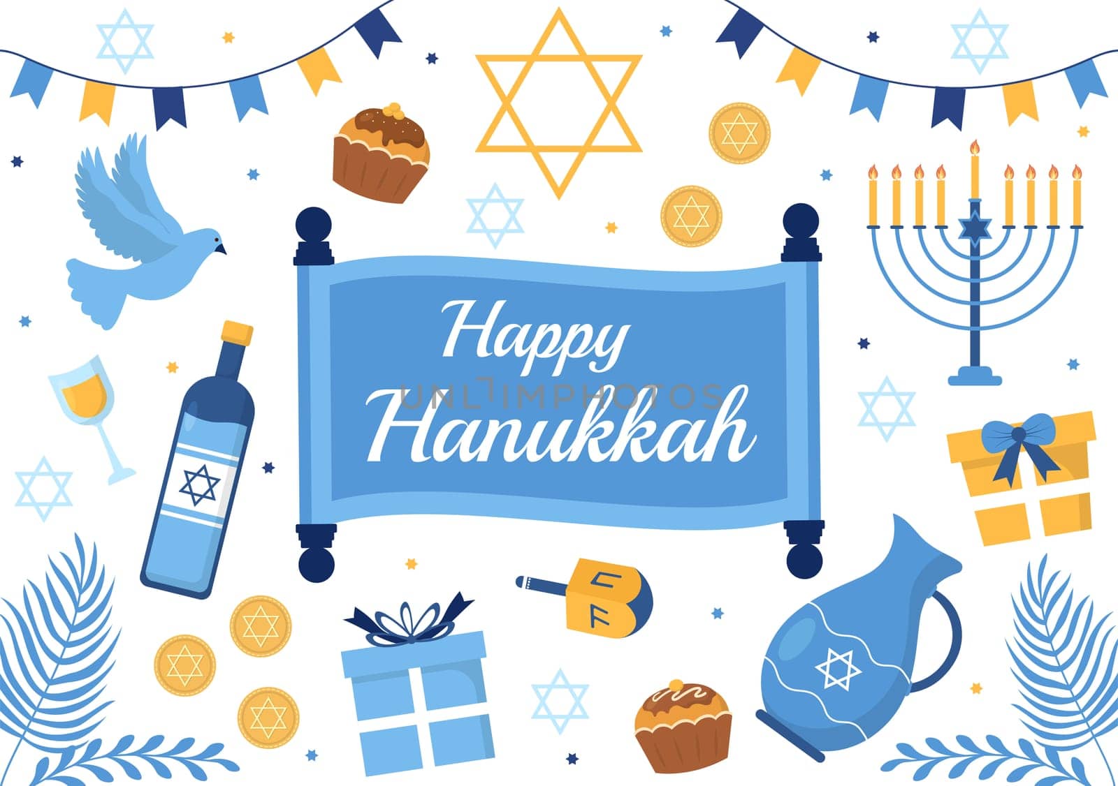 Happy Hanukkah Jewish holiday Template Hand Drawn Cartoon Flat Illustration with Menorah, Sufganiyot, Dreidel and Traditional Symbols