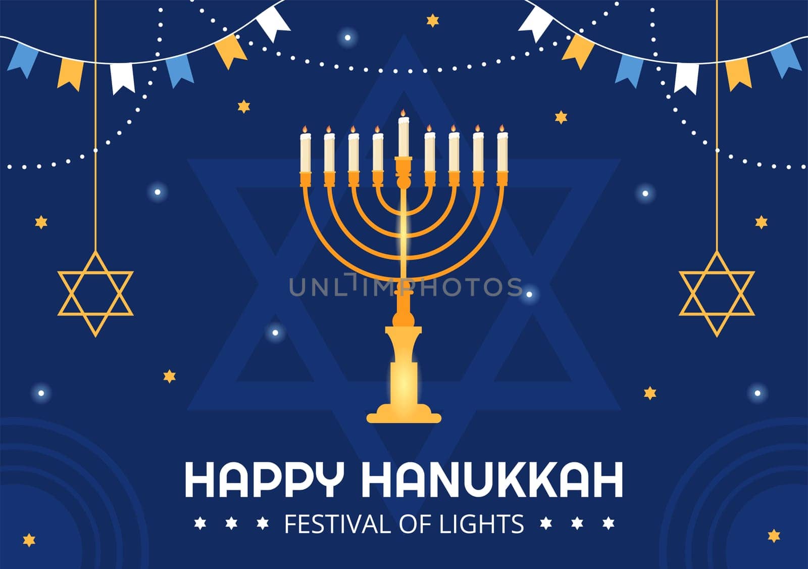 Happy Hanukkah Jewish holiday Template Hand Drawn Cartoon Flat Illustration with Menorah, Sufganiyot, Dreidel and Traditional Symbols