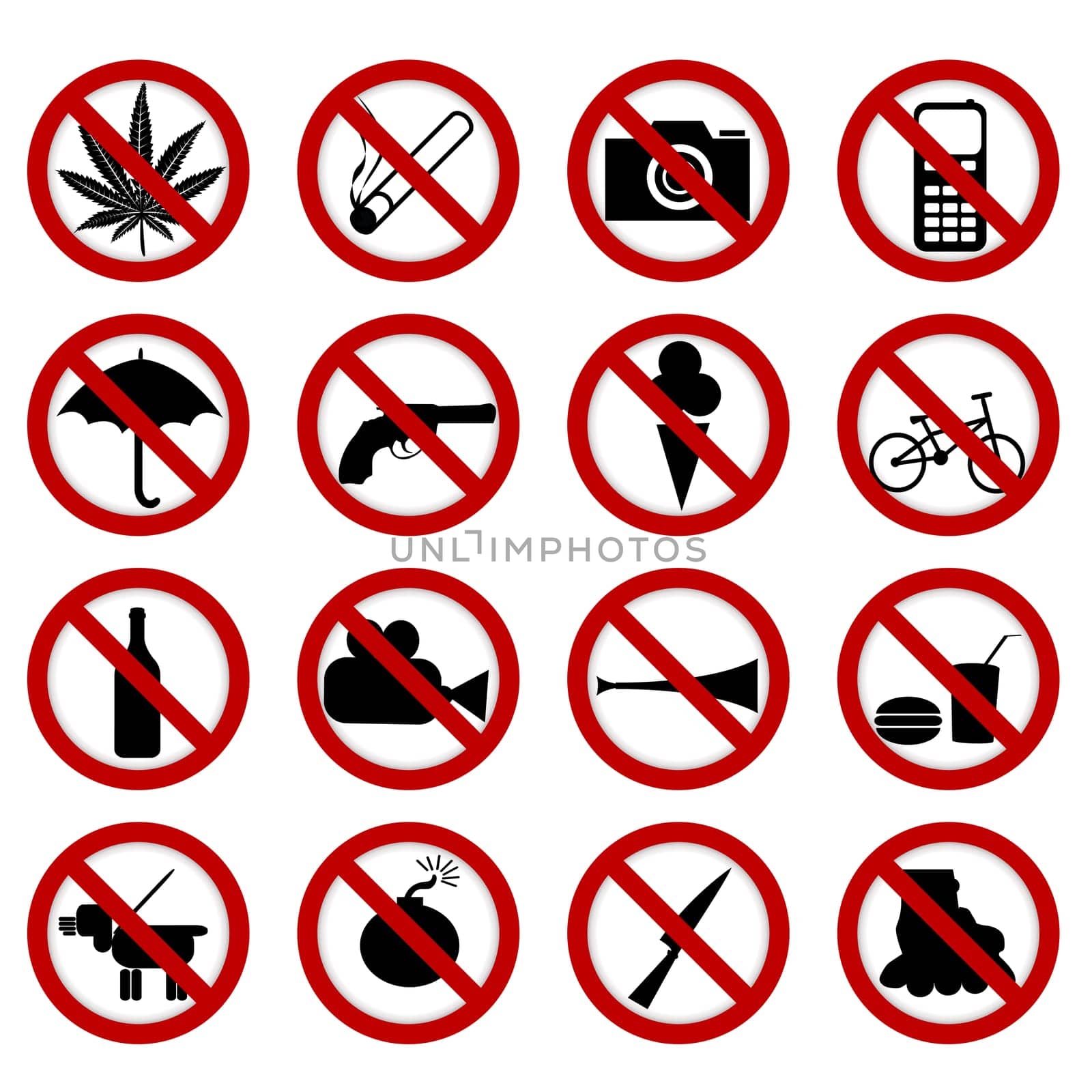 Set of prohibition signs for public events on white background