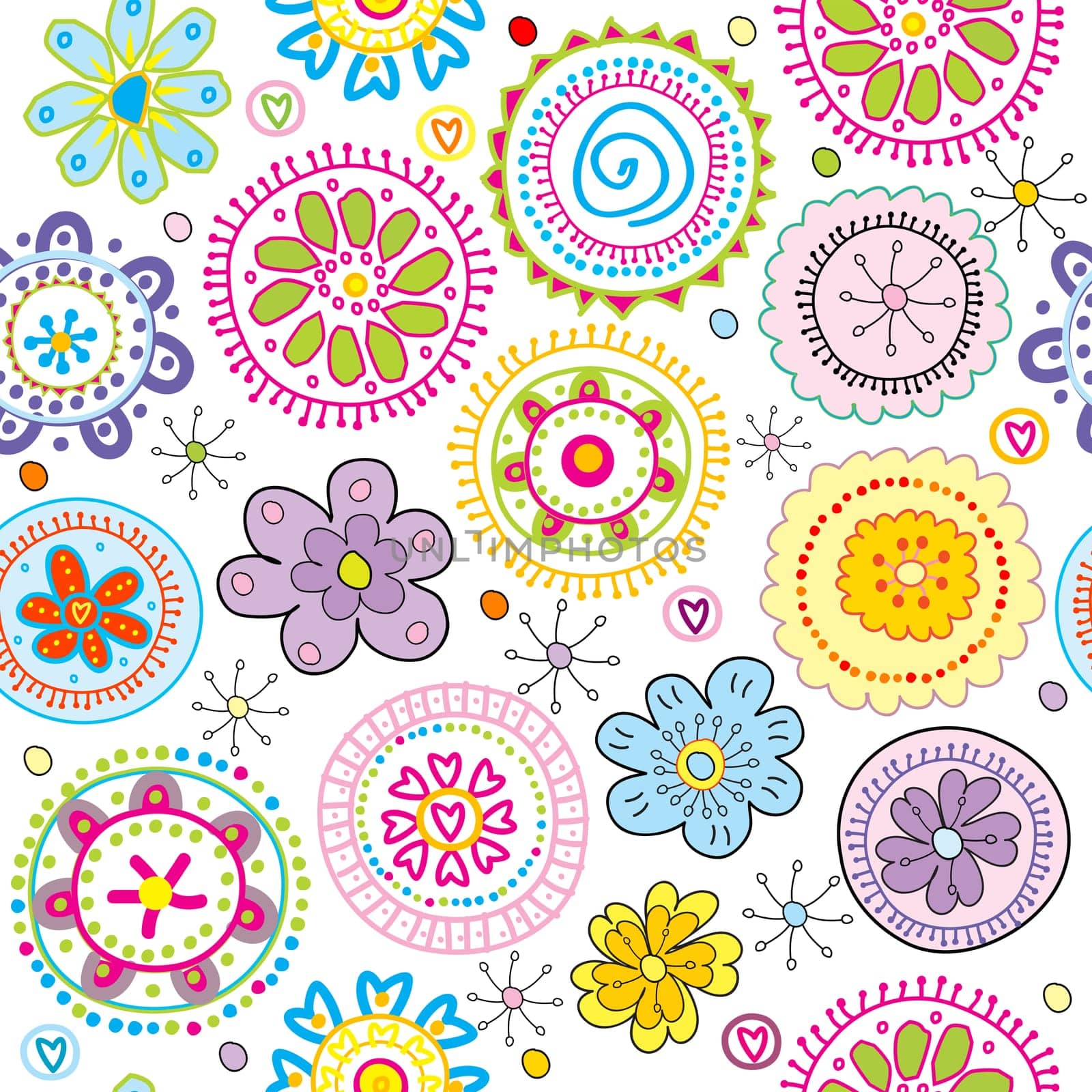 Hand-drawn colorful floral pattern on white background