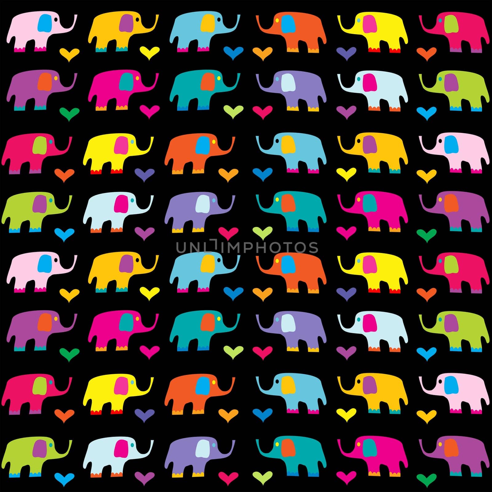 Seamless pattern with hand drawn colored elephants and hearts