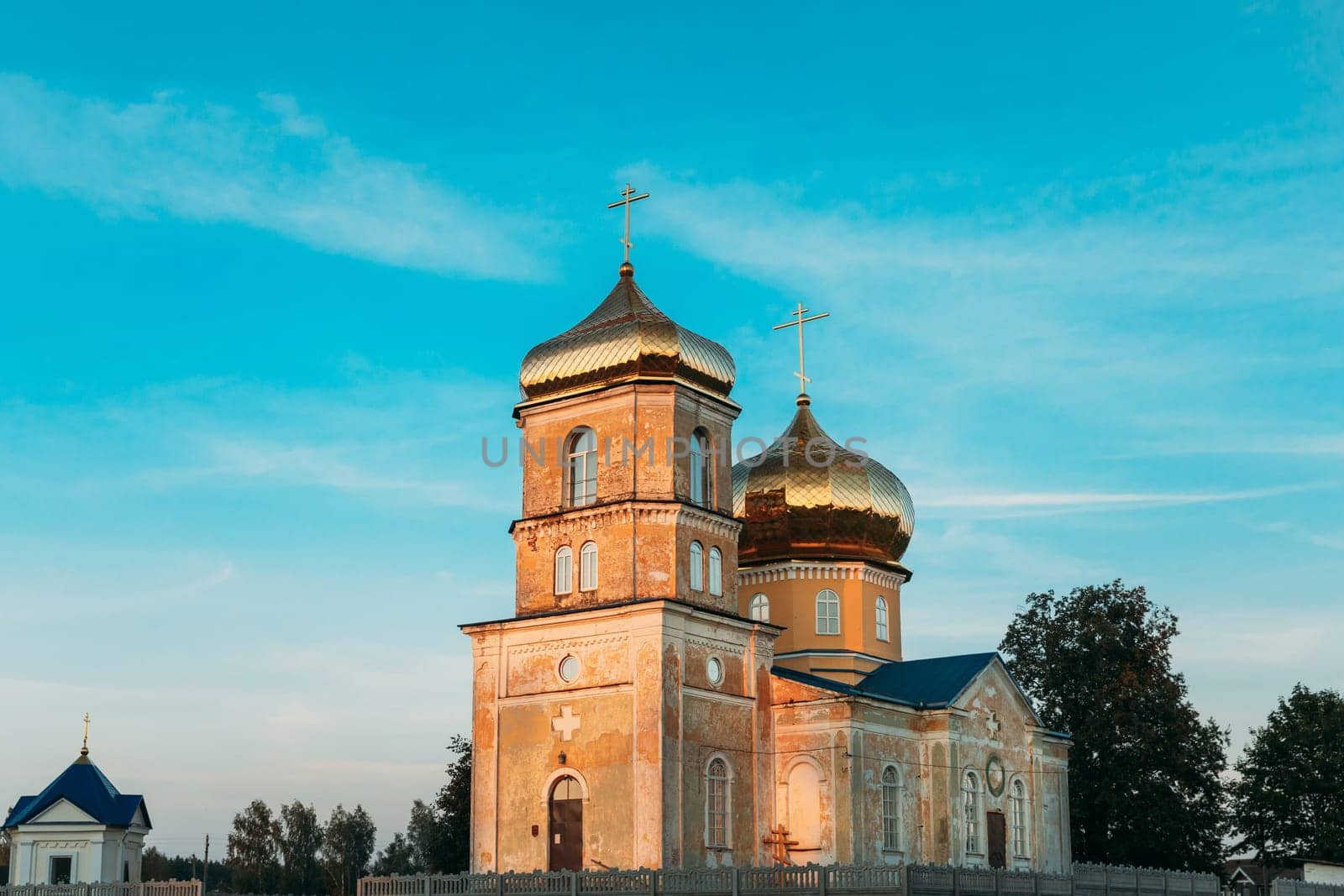 Cheretyanka, Gomel Region, Belarus. Dormition Of Theotokos Church At Sunset Or Sunrise Time.