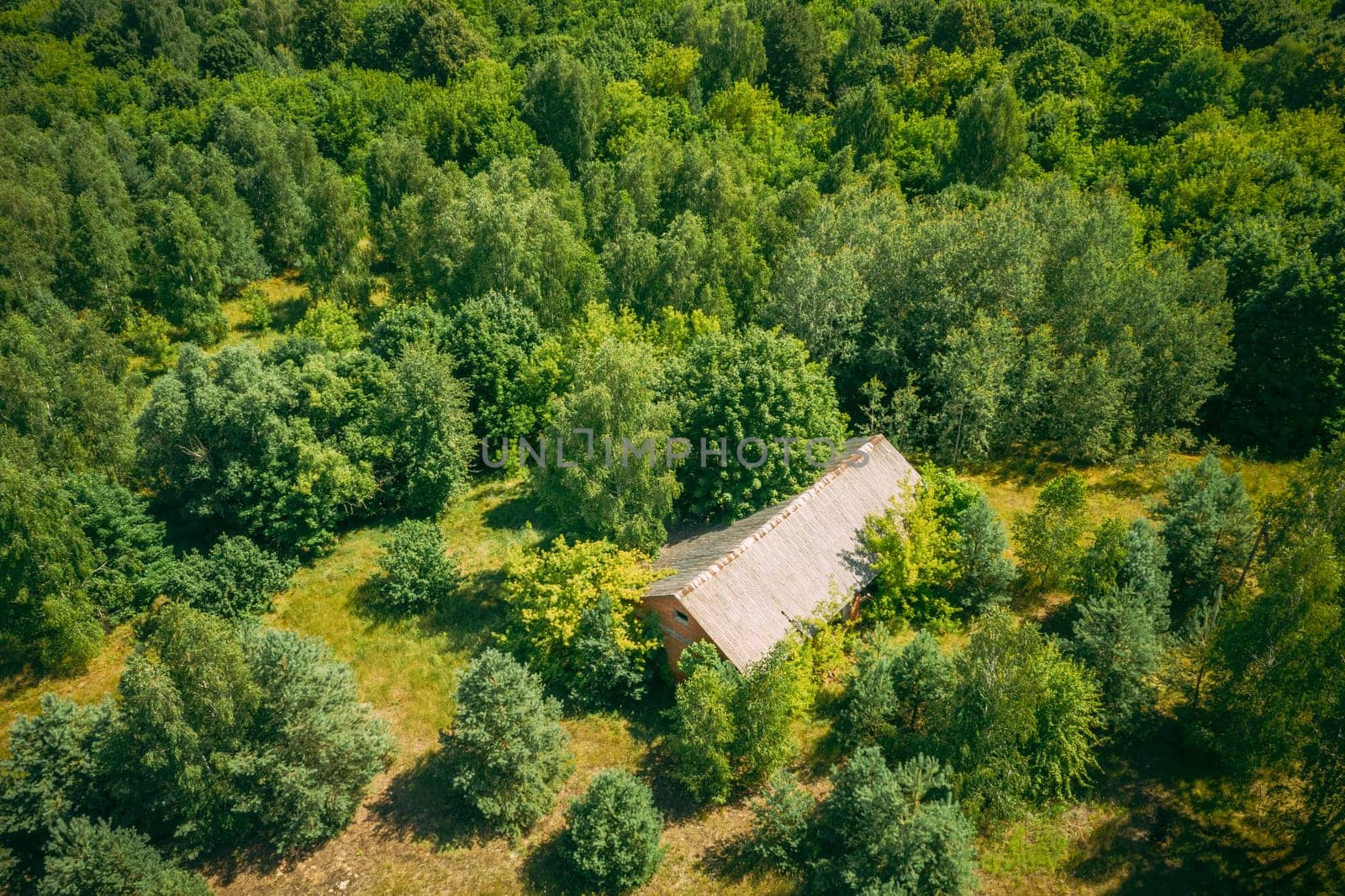 Belarus. Aerial View Of Ruined Cowshed In Chernobyl Zone. Chornobyl Catastrophe Disasters. Dilapidated House In Belarusian Village. Whole Villages Must Be Disposed. Chernobyl Resettlement Zone.