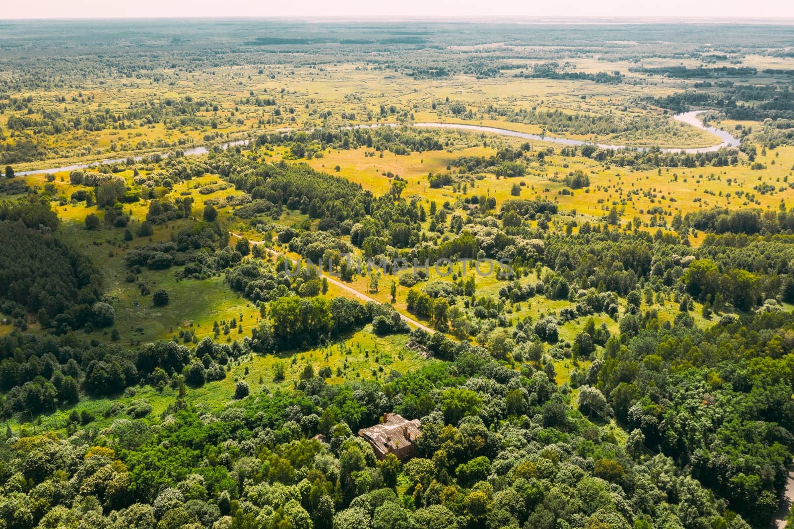 Dziemjanki, Gomel Region, Belarus. Aerial View Of Abandoned Dilapidated Manor House Gerard Nicholas Chernobyl Resettlement Zone. Chornobyl Catastrophe Disasters. Local Landmark And Heritage.