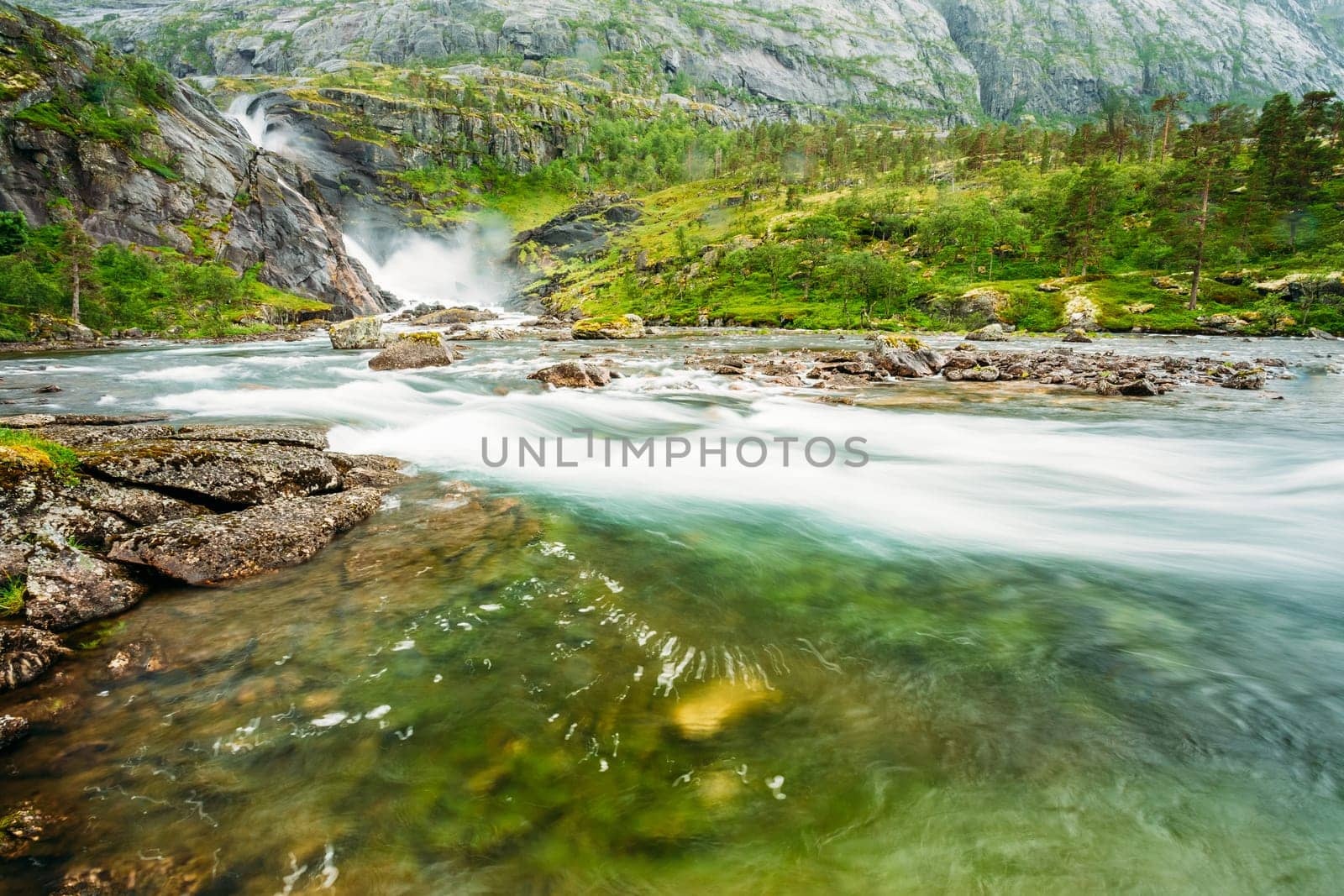 Waterfall in the Valley of waterfalls in Norway. Husedalen Waterfalls were a series of four giant waterfalls in South Fjord.