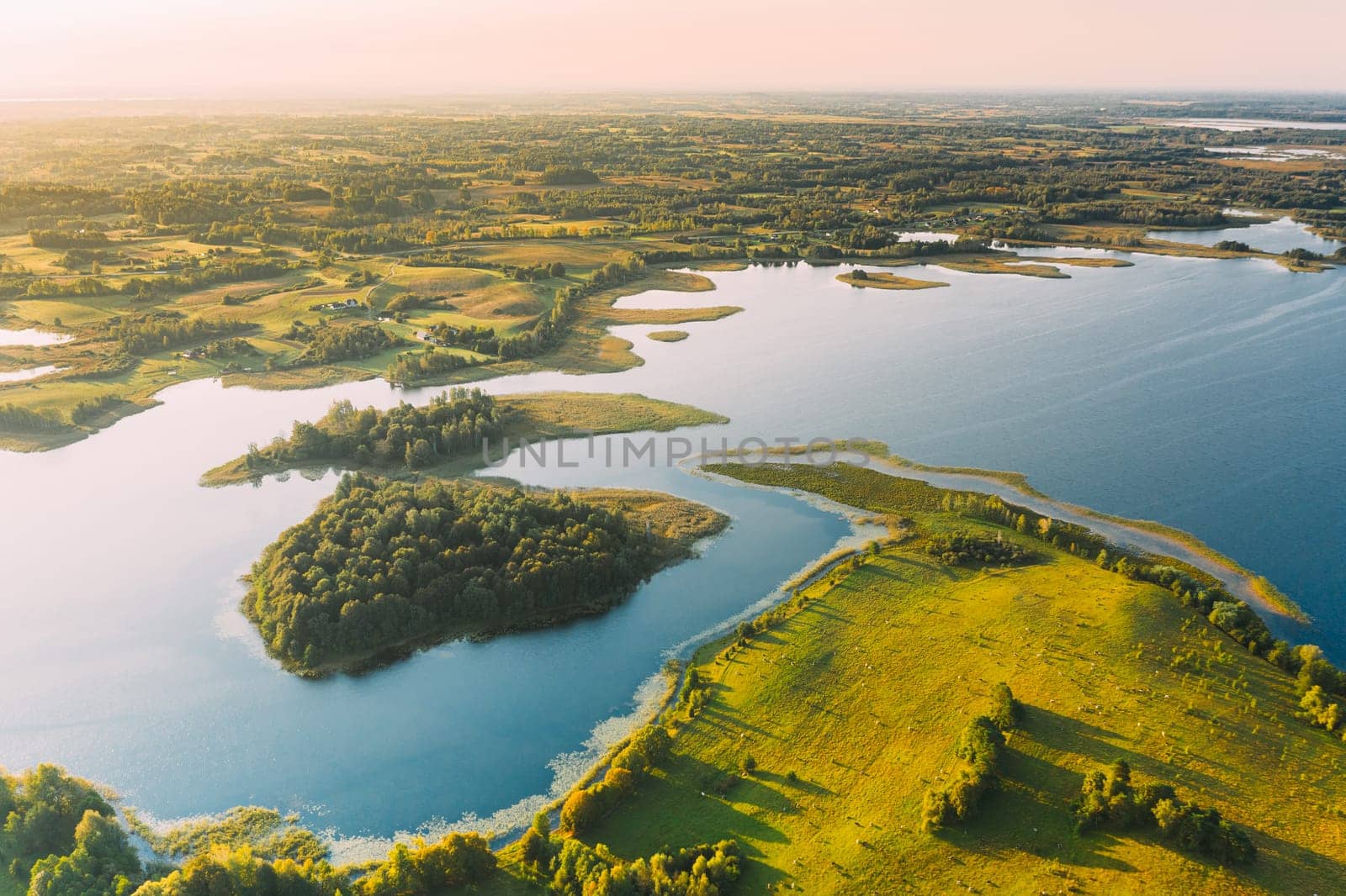 Braslaw Or Braslau, Vitebsk Voblast, Belarus. Aerial View Of Nedrava Lake. Landscape In Sunny Morning. Top View Of Beautiful European Nature From High Attitude. Bird's Eye View. Famous Lakes. Natural Landmarks.