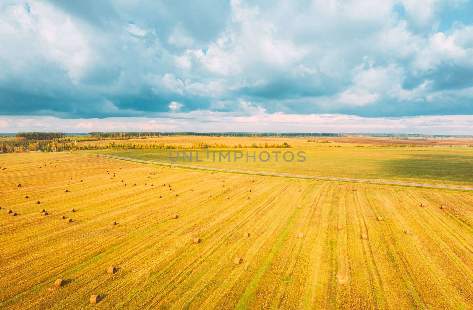 Aerial View Of Autumn Hay Rolls Straw Field Landscape. Haystacks, Hay Rolls. Harvest Season. Elevated View.