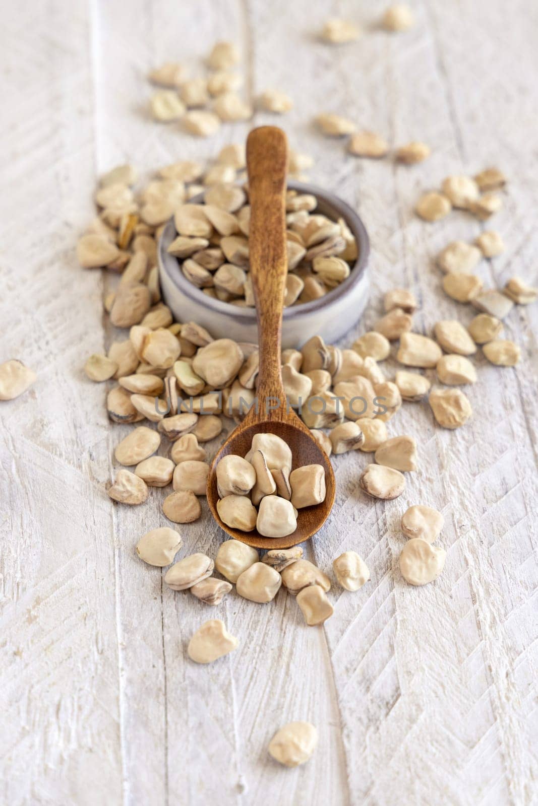 Spoon of raw dry Grass pea close up on wood. Healthy, protein source for vegan and vegetarian diet. Traditional Italian apulian cuisine ingredient. Legumes known as Cicerchia, Vetch, Blue Sweet Pea