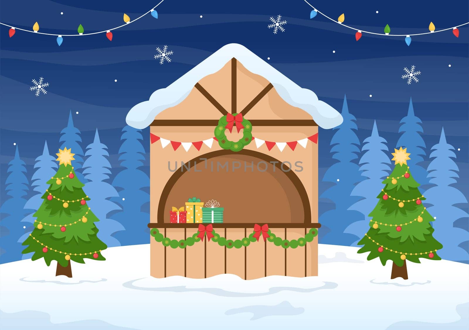 Merry Christmas and Happy New Year Template Hand Drawn Cartoon Background Illustration with Snowflakes, Snowman, Tree, Gift and Winter Landscape