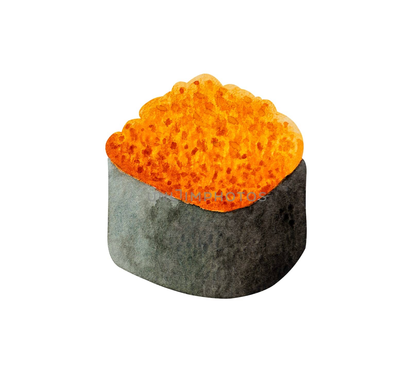 Maki sushi topped with ebiko shrimp roe, Japanese food. Watercolor hand drawn illustration isolated on white background.