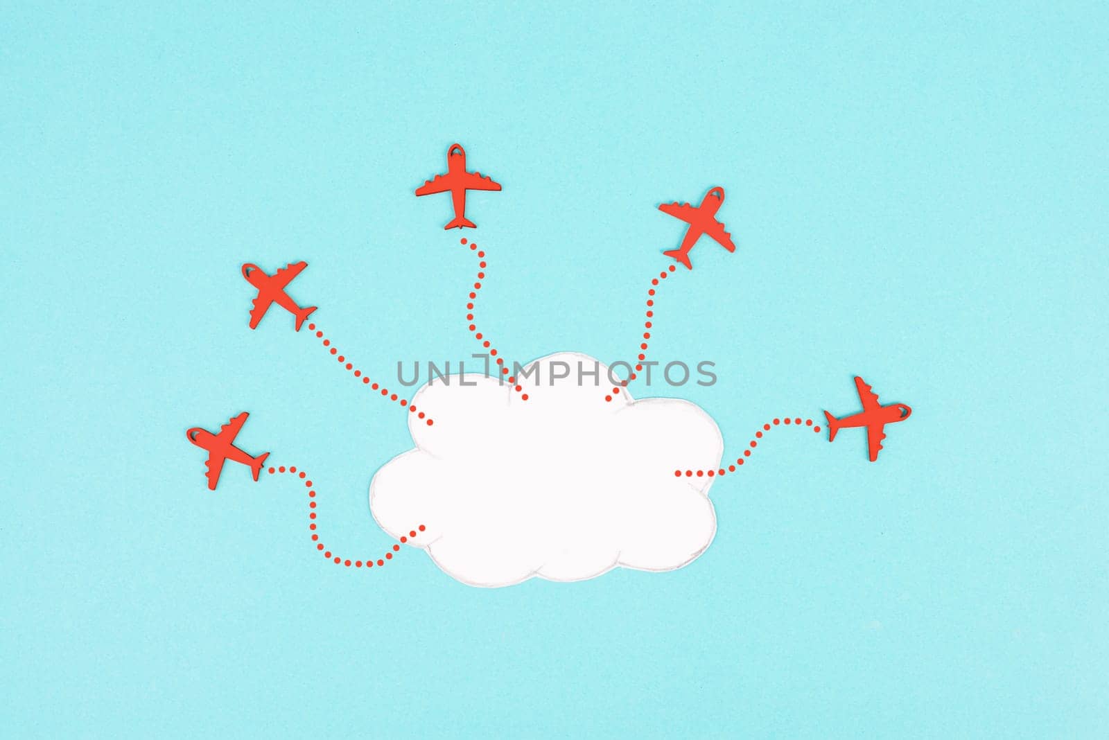 Red airplanes flying out of a cloud, brainstorming for ideas in a team, startup in business, having a goal, positive mindset