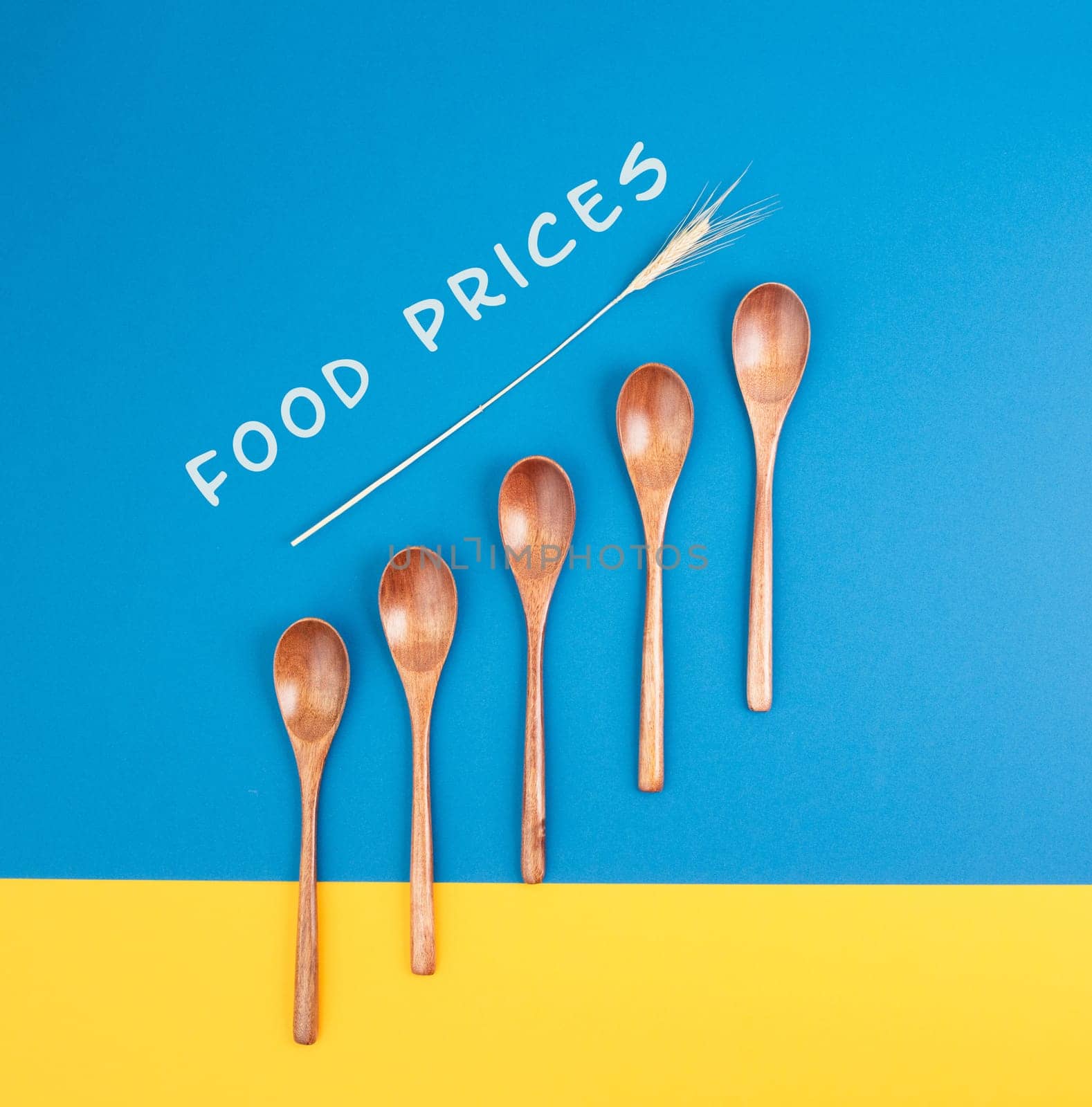 Food crisis with increasing prices and shortages, supply chain problems, inflation causes high living costs, ukrainian colored background